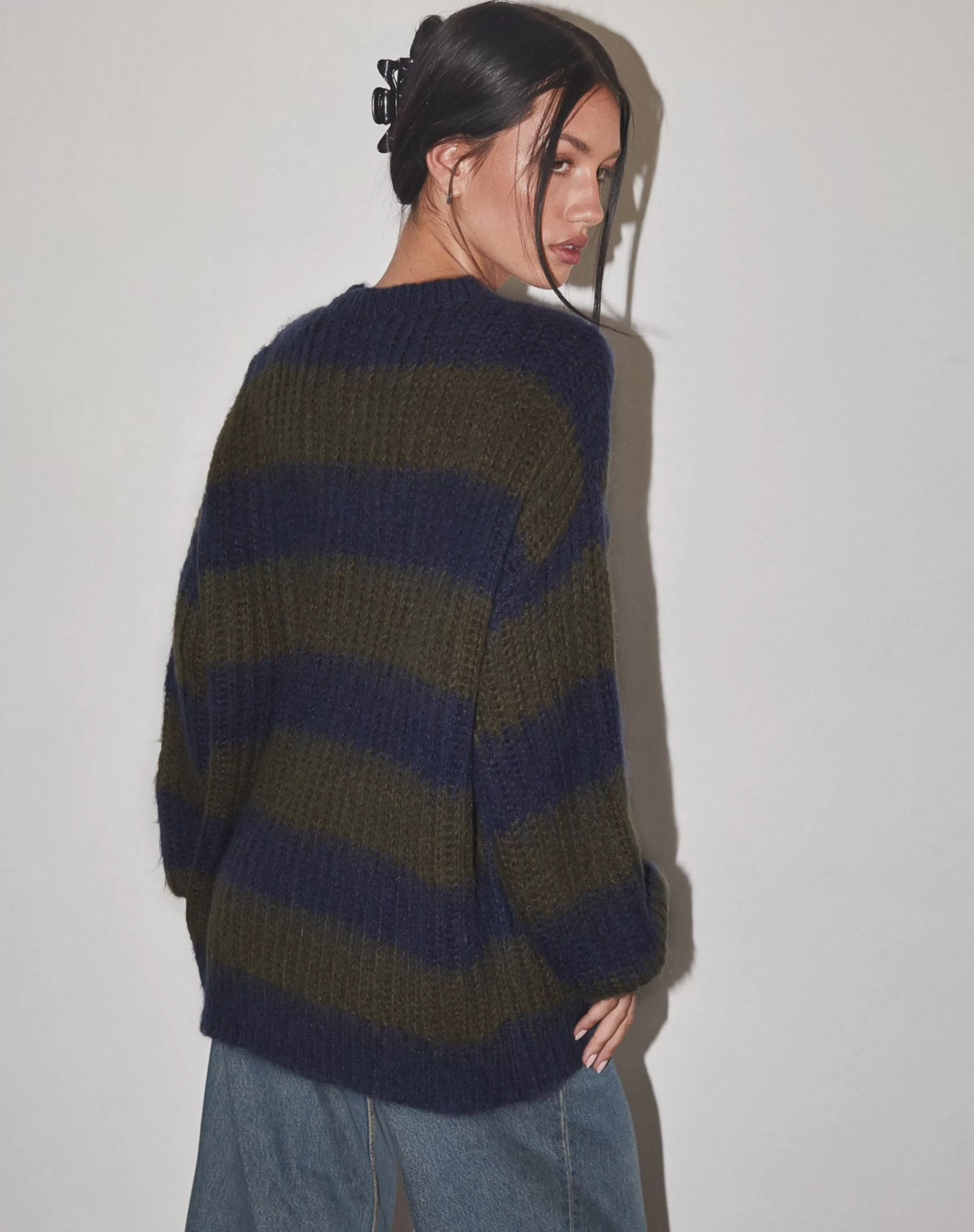 Shop Daren Knitted Oversized Jumper In Khaki And Navy Blue Stripe JUMPERS