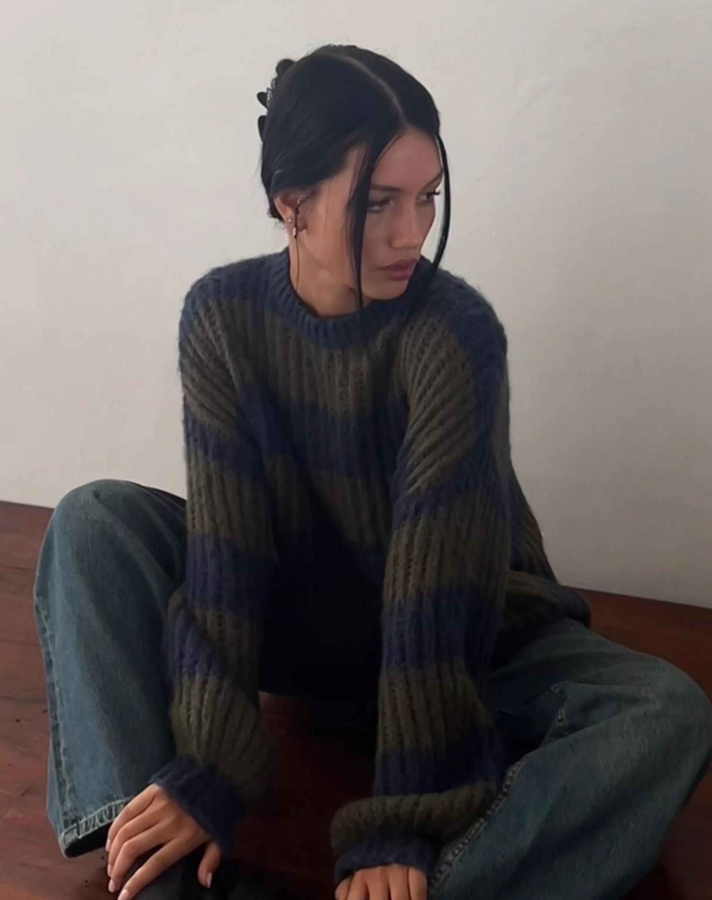 Shop Daren Knitted Oversized Jumper In Khaki And Navy Blue Stripe JUMPERS