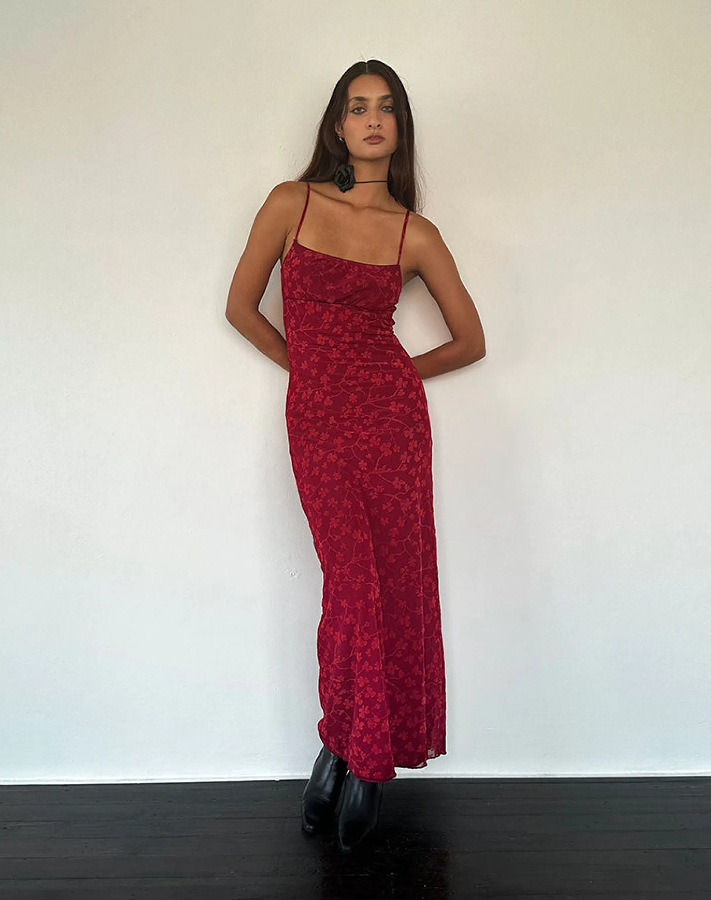Fashion Darsih Cami Maxi Dress Red Grunge Floral Flock DAY DRESSES | PRINTED DRESSES