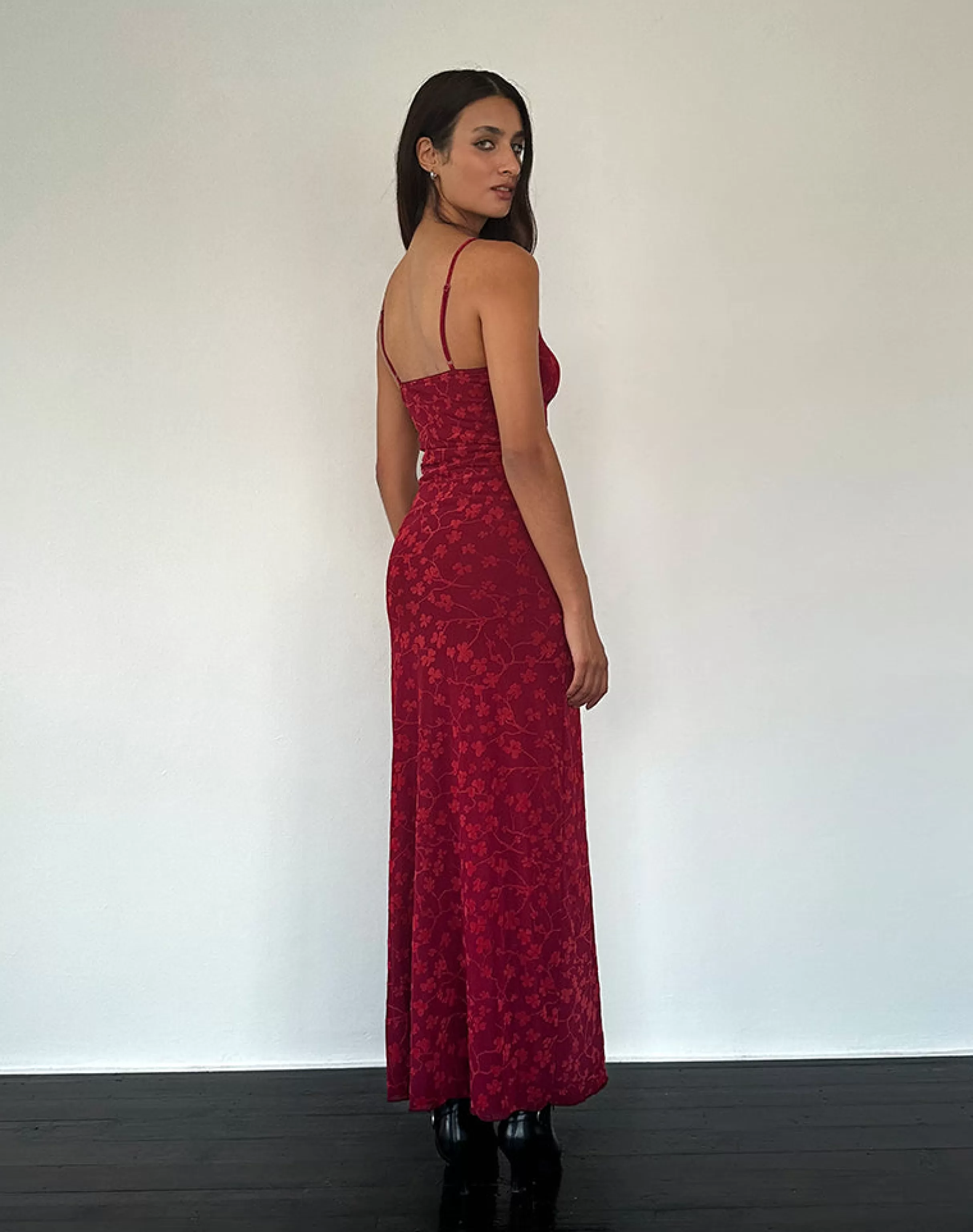Fashion Darsih Cami Maxi Dress Red Grunge Floral Flock DAY DRESSES | PRINTED DRESSES
