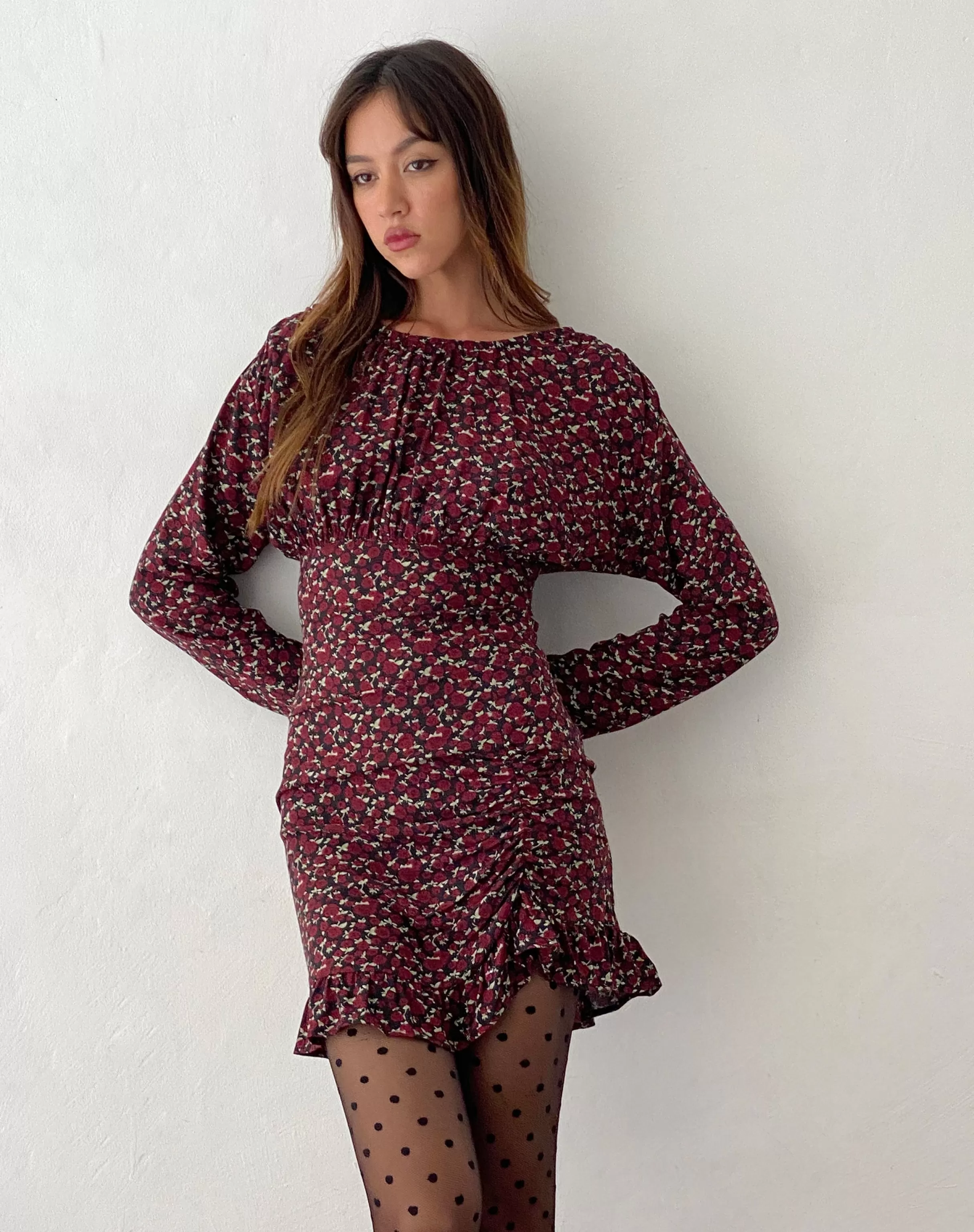 Shop Dawsen Long Sleeve Ruched Mini Dress In Dark Rhoslyn Ditsy Print SALE DRESSES | PRINTED DRESSES