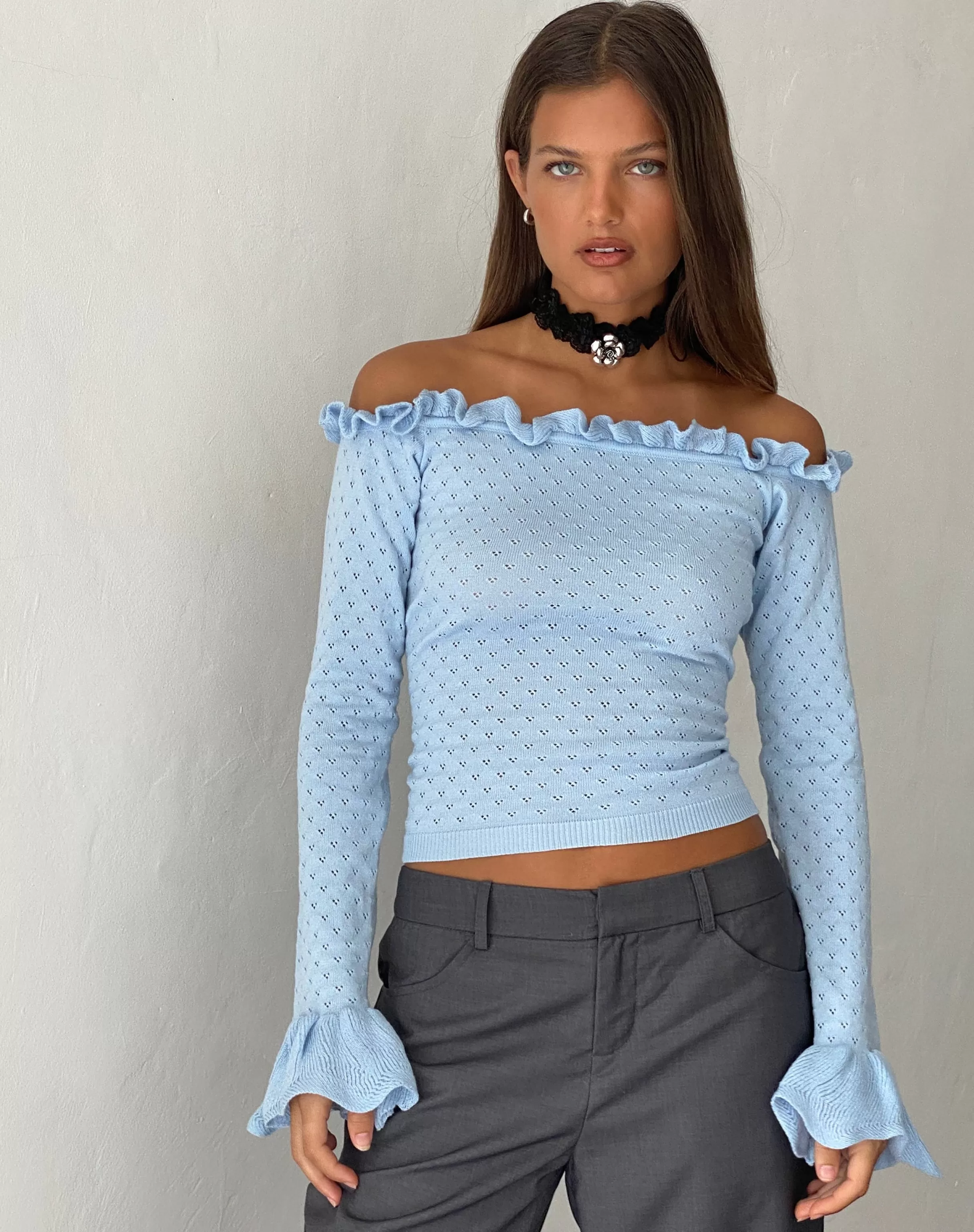 Store Delaney Knitted Frill Bardot Top In Baby Blue SALE TOPS