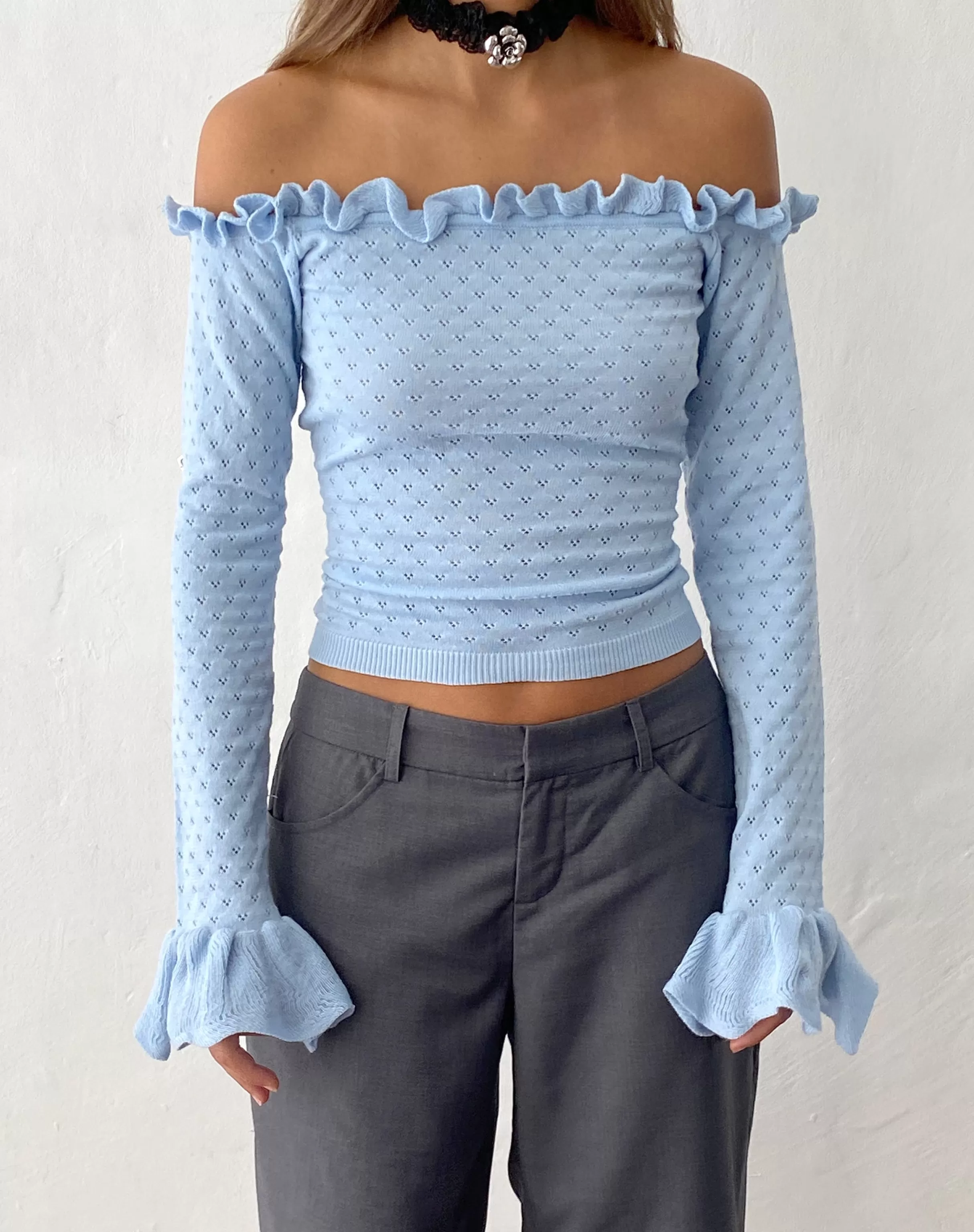 Store Delaney Knitted Frill Bardot Top In Baby Blue SALE TOPS