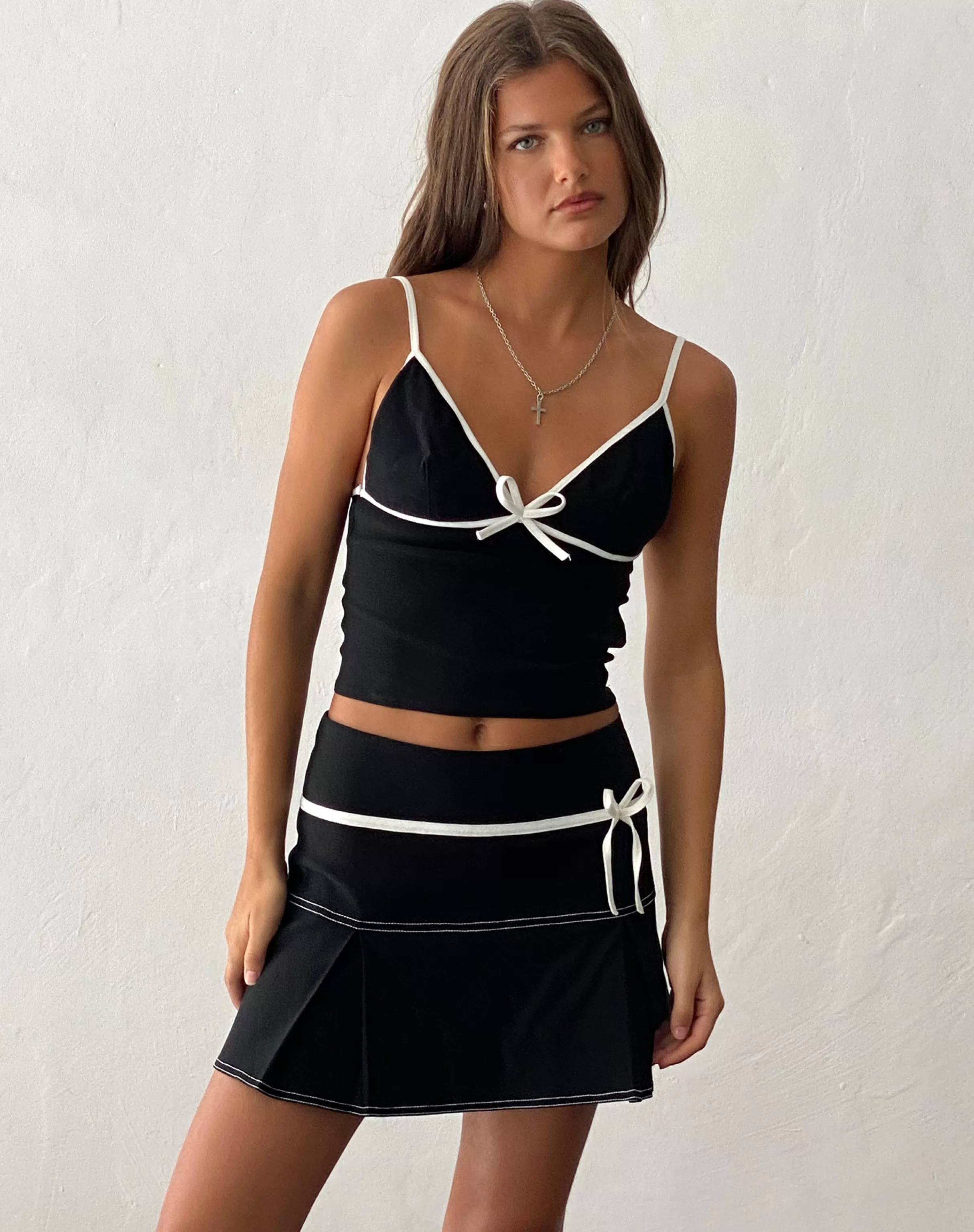 Clearance Dima Bow Cami Top In Black With White Binding VEST TOPS | STRAPPY TOPS