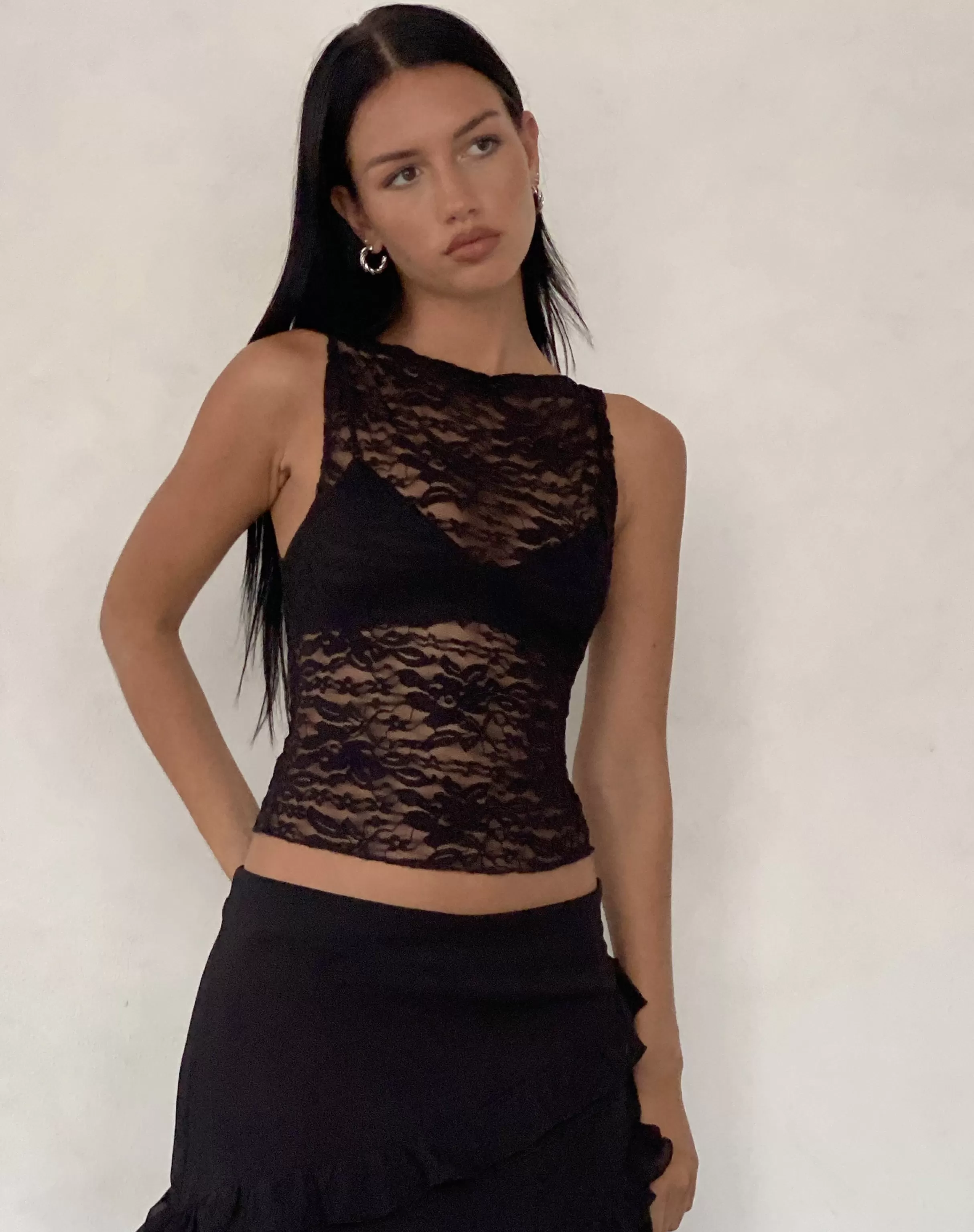 Hot Dwira Lace Vest Top In Black GOING OUT TOPS | LACE TOPS