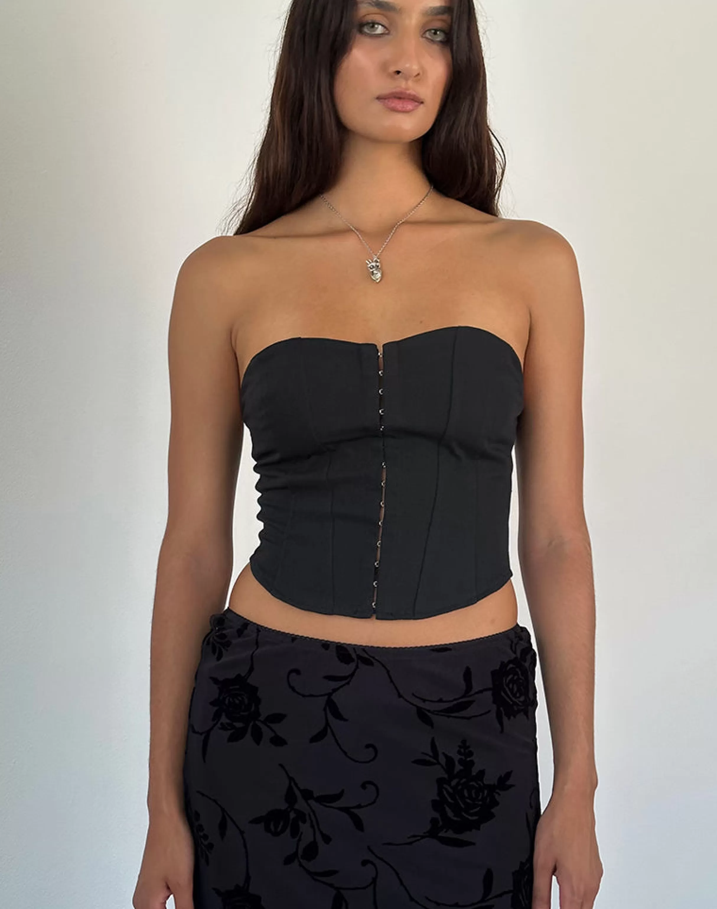 Clearance Elita Hook And Eye Corset Top In Black SALE TOPS | CORSET TOPS