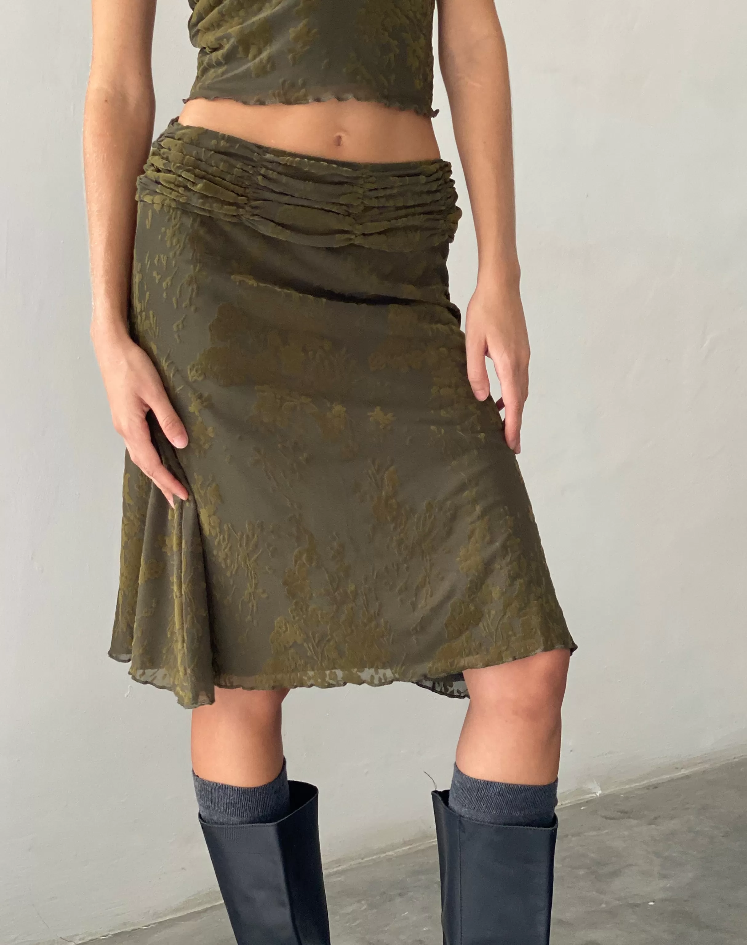 Hot Erato Midi Skirt In Abstract Botanic Dark Olive PRINTED SKIRTS | MIDI SKIRTS