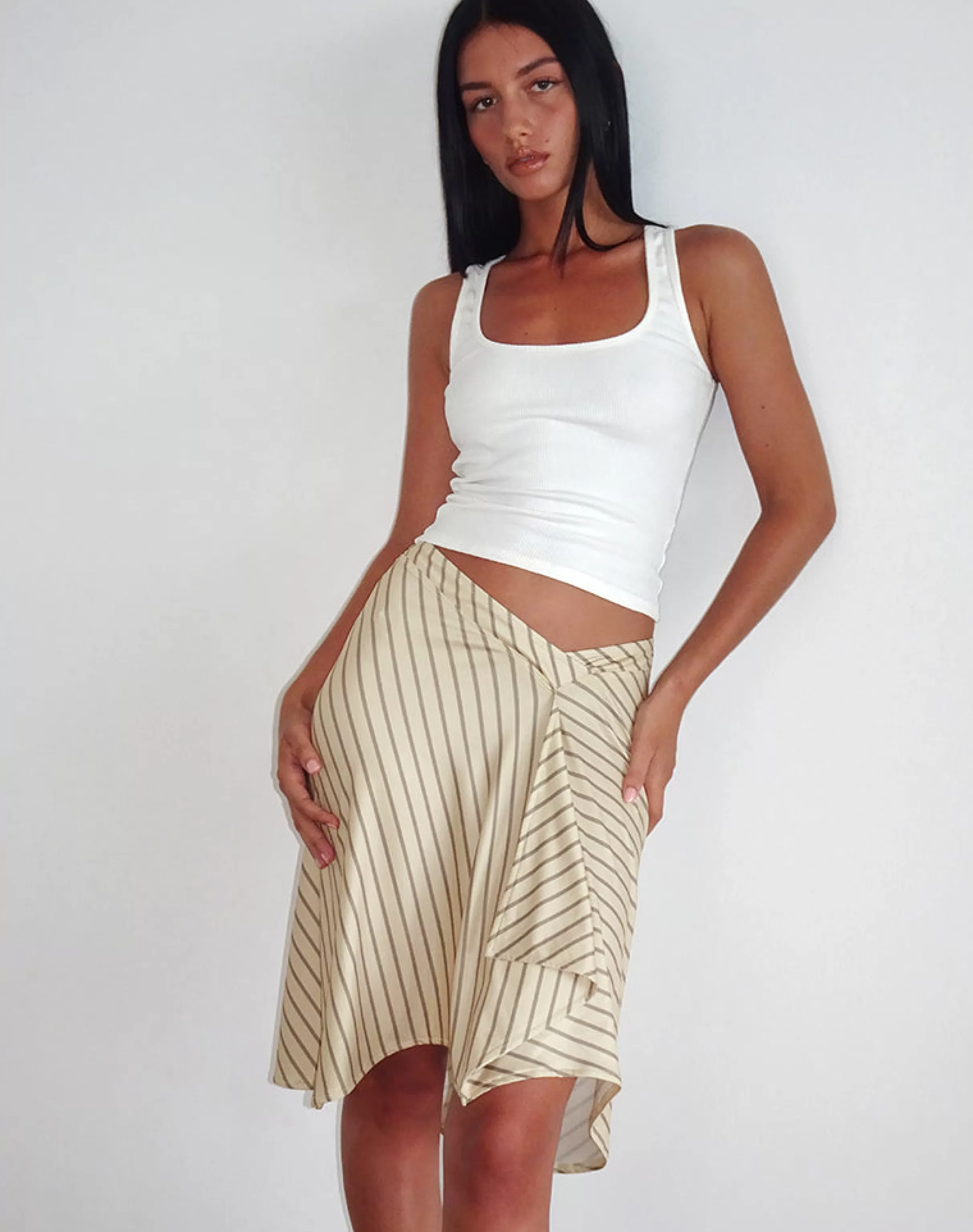 New Esmeray Midi Skirt In Yellow Diagonal Stripe PRINTED SKIRTS | A LINE SKIRTS