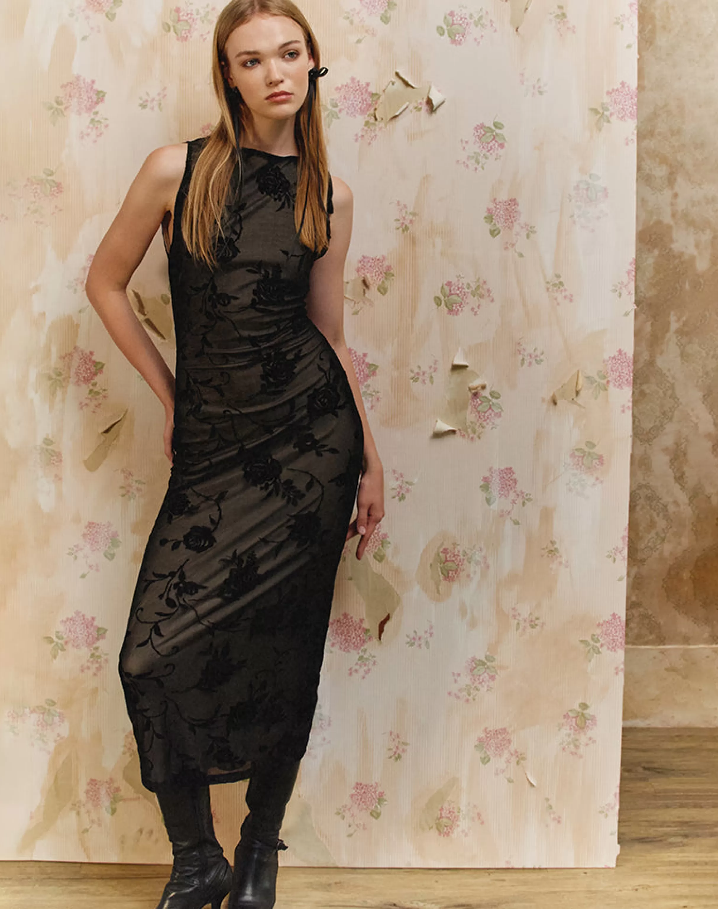 Store Estoria Midi Dress Black Rose Flock PRINTED DRESSES | BODYCON DRESSES