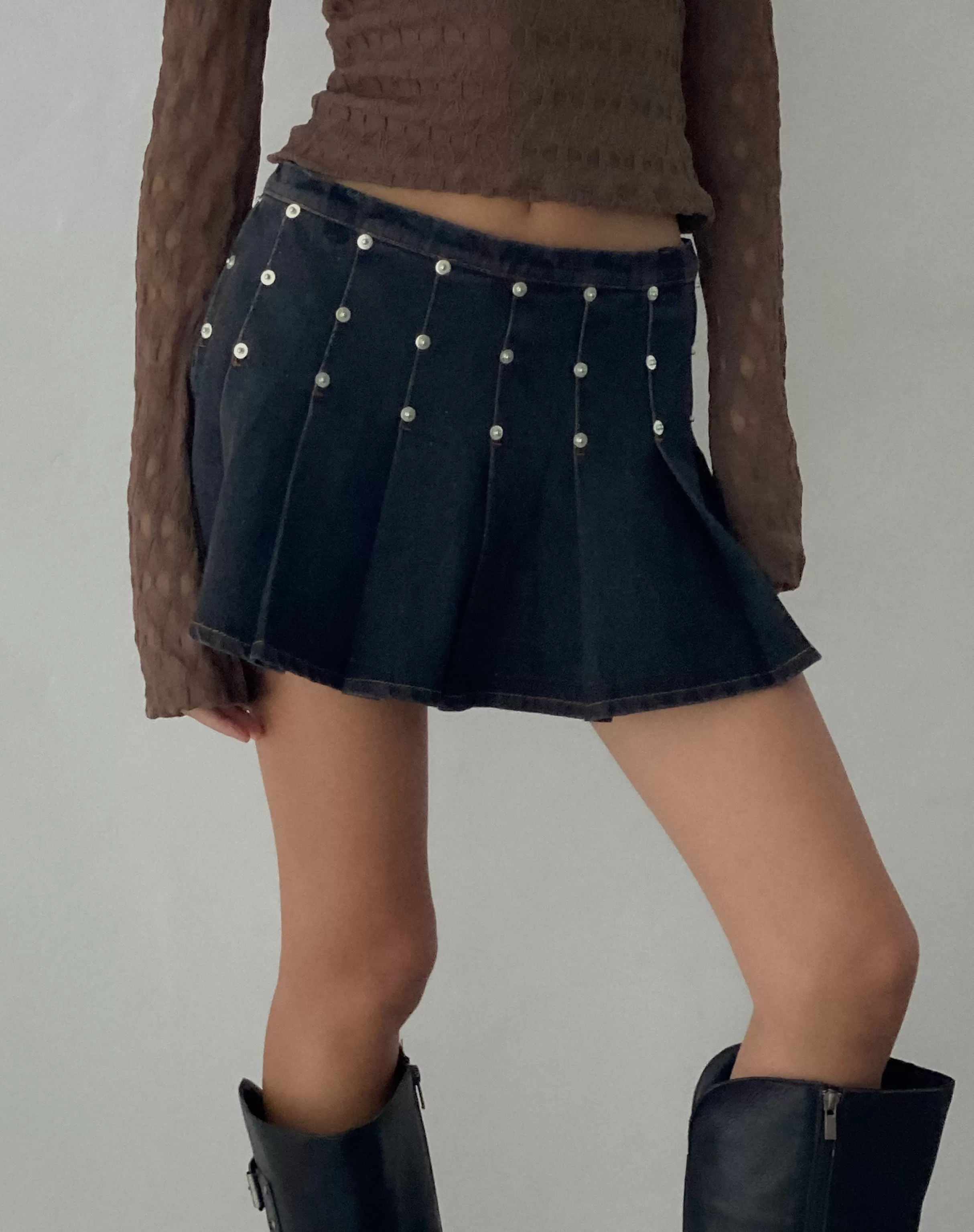 Sale Gatlin Pleated Denim Mini Skirt In Black Wash With Studs SALE SKIRTS | MINI SKIRTS