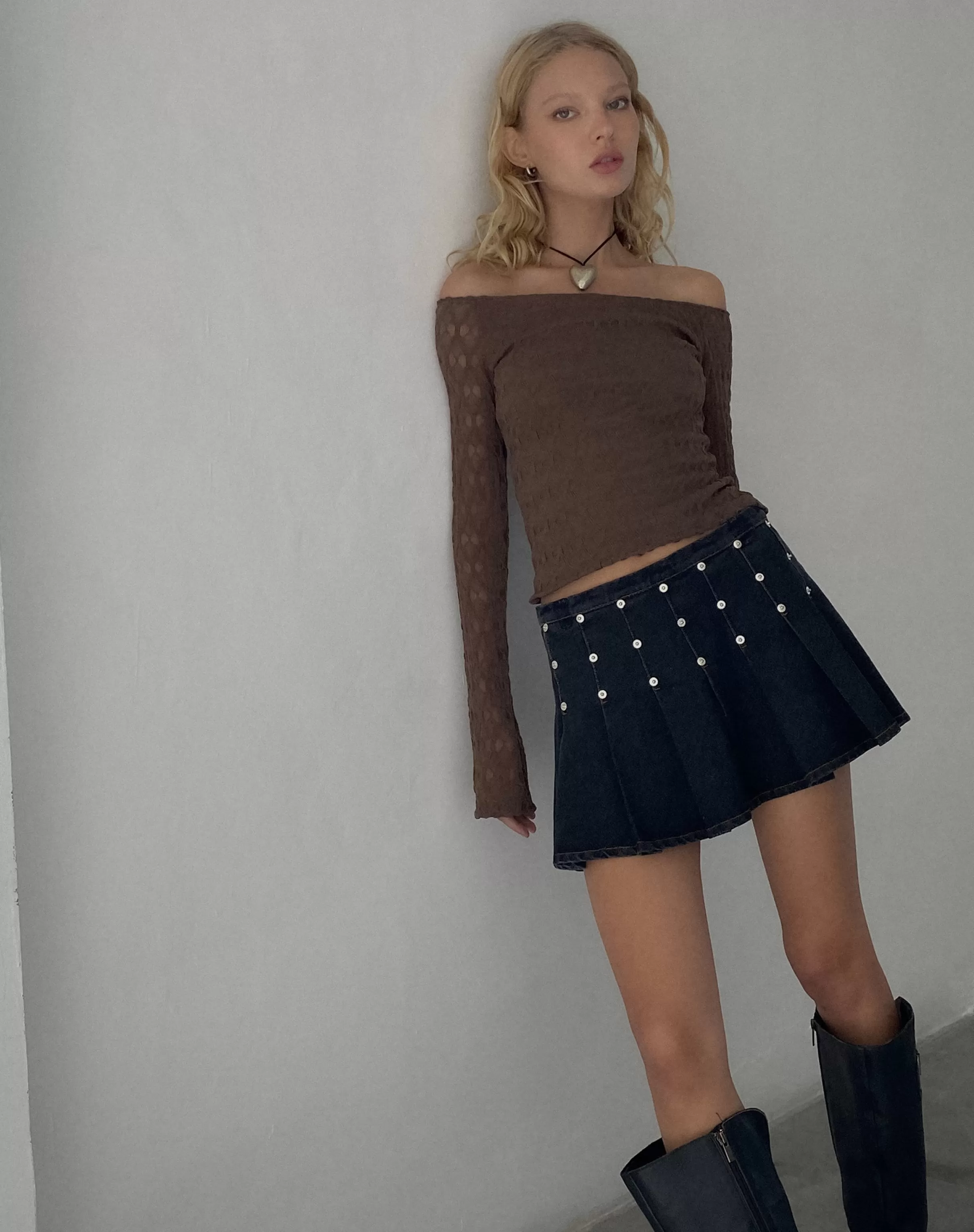 Sale Gatlin Pleated Denim Mini Skirt In Black Wash With Studs SALE SKIRTS | MINI SKIRTS