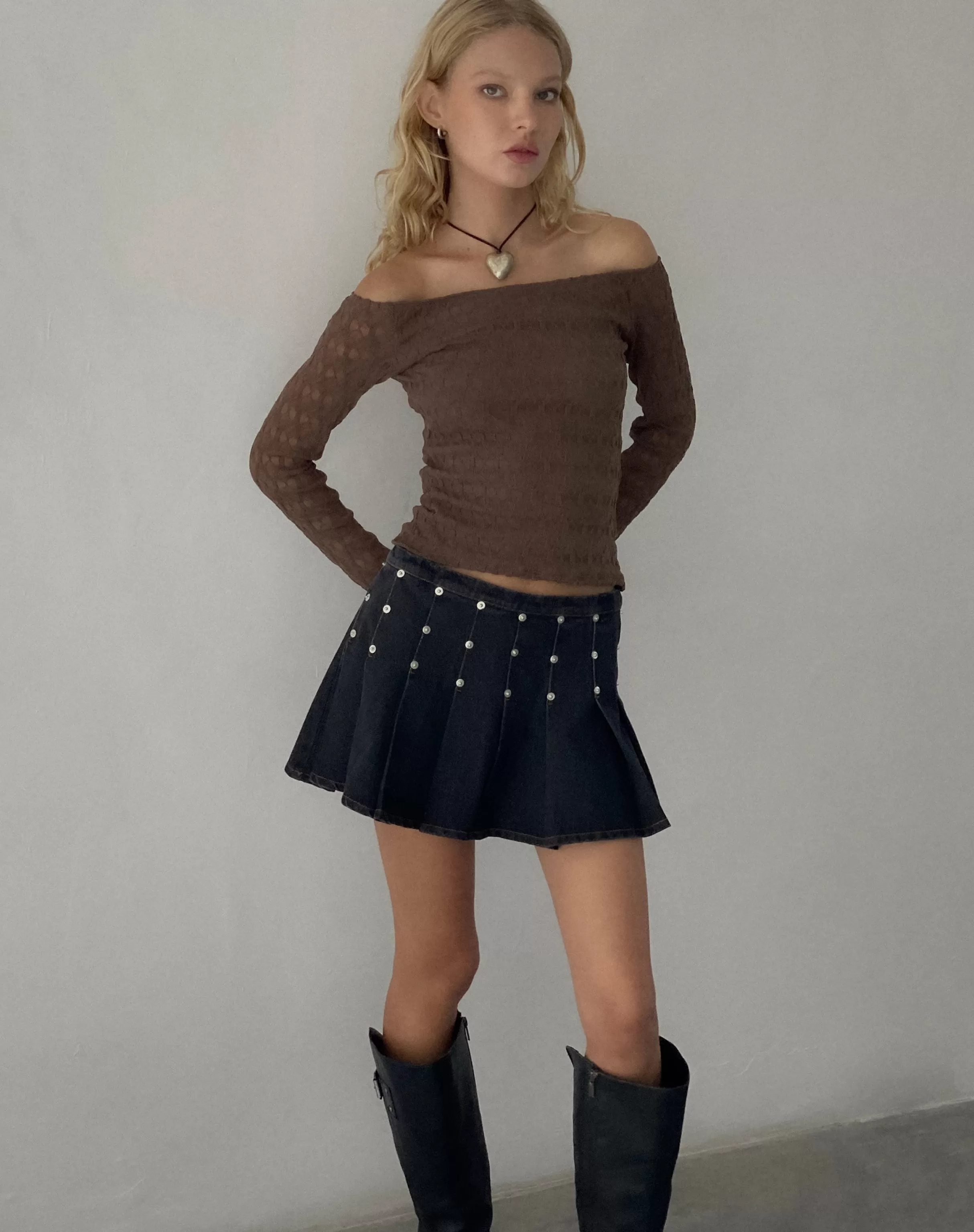 Sale Gatlin Pleated Denim Mini Skirt In Black Wash With Studs SALE SKIRTS | MINI SKIRTS