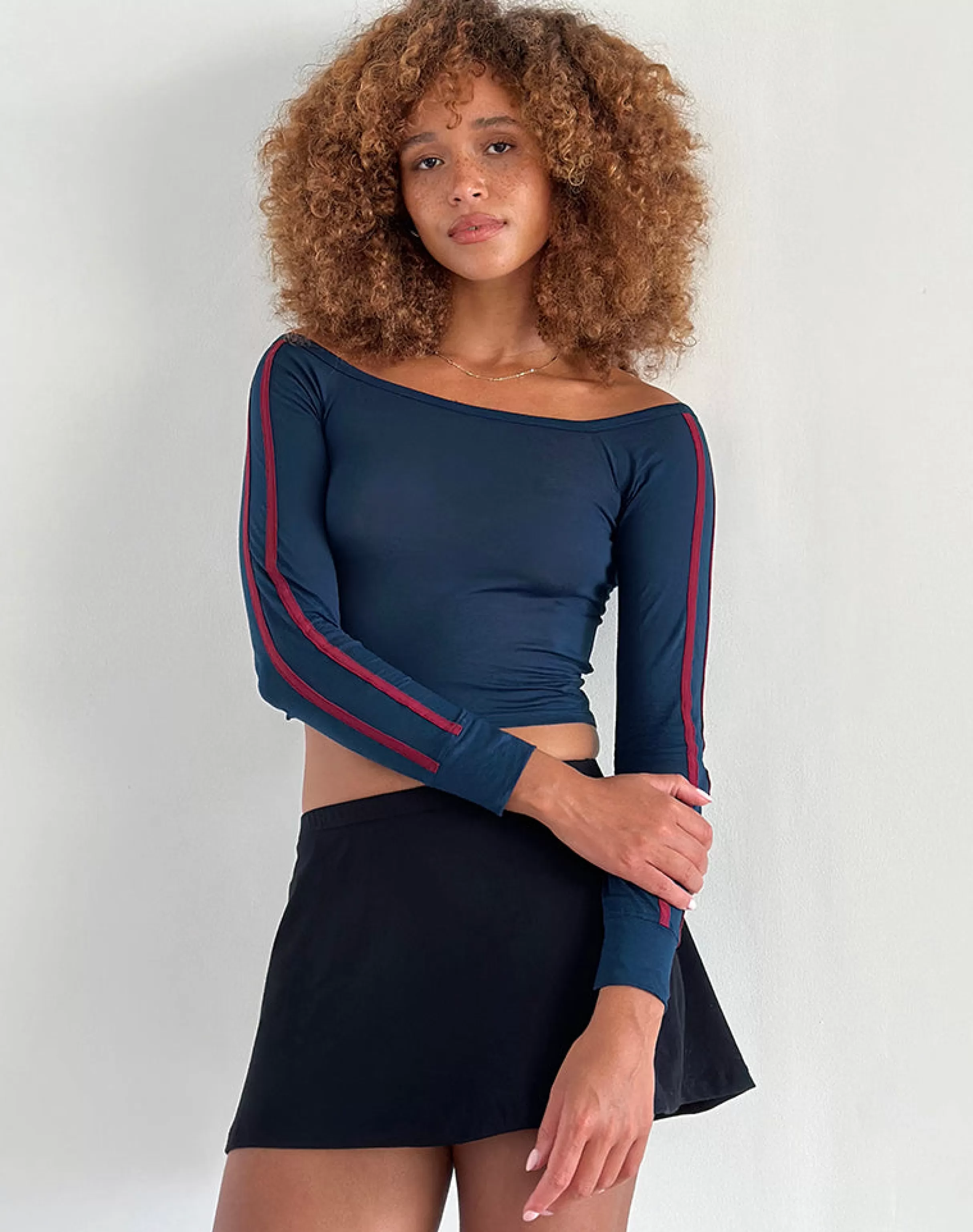 New Gavya Bardot Long Sleeve Top In Navy With Adrenaline Red Stripe BASIC TOPS | LONG SLEEVE TOPS