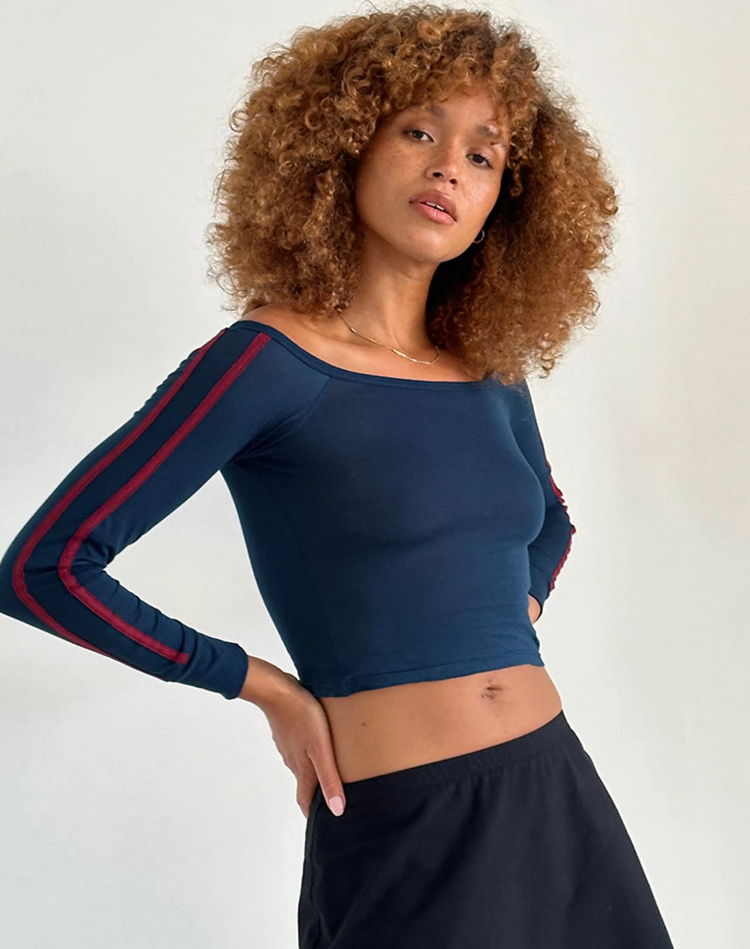 New Gavya Bardot Long Sleeve Top In Navy With Adrenaline Red Stripe BASIC TOPS | LONG SLEEVE TOPS