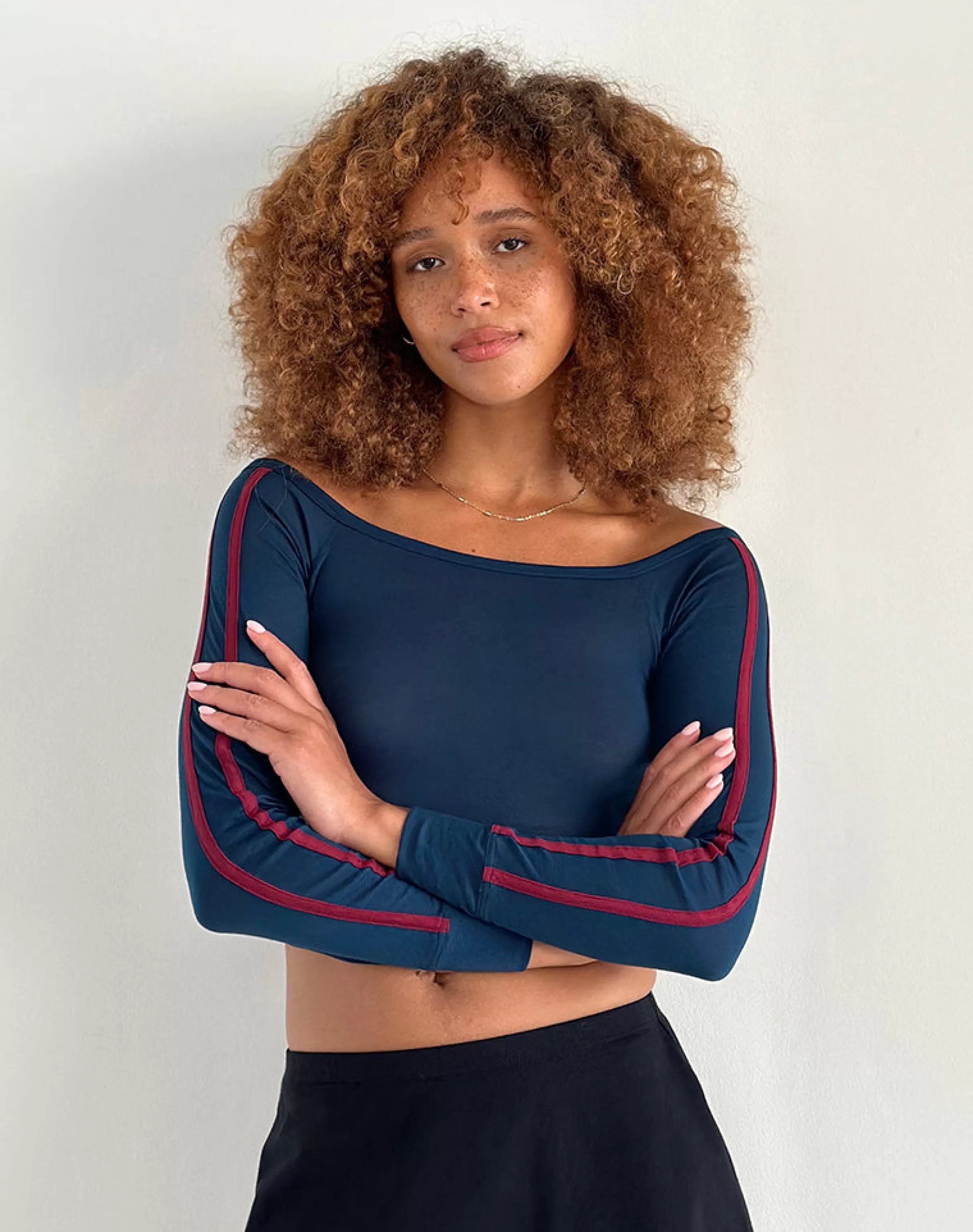 New Gavya Bardot Long Sleeve Top In Navy With Adrenaline Red Stripe BASIC TOPS | LONG SLEEVE TOPS