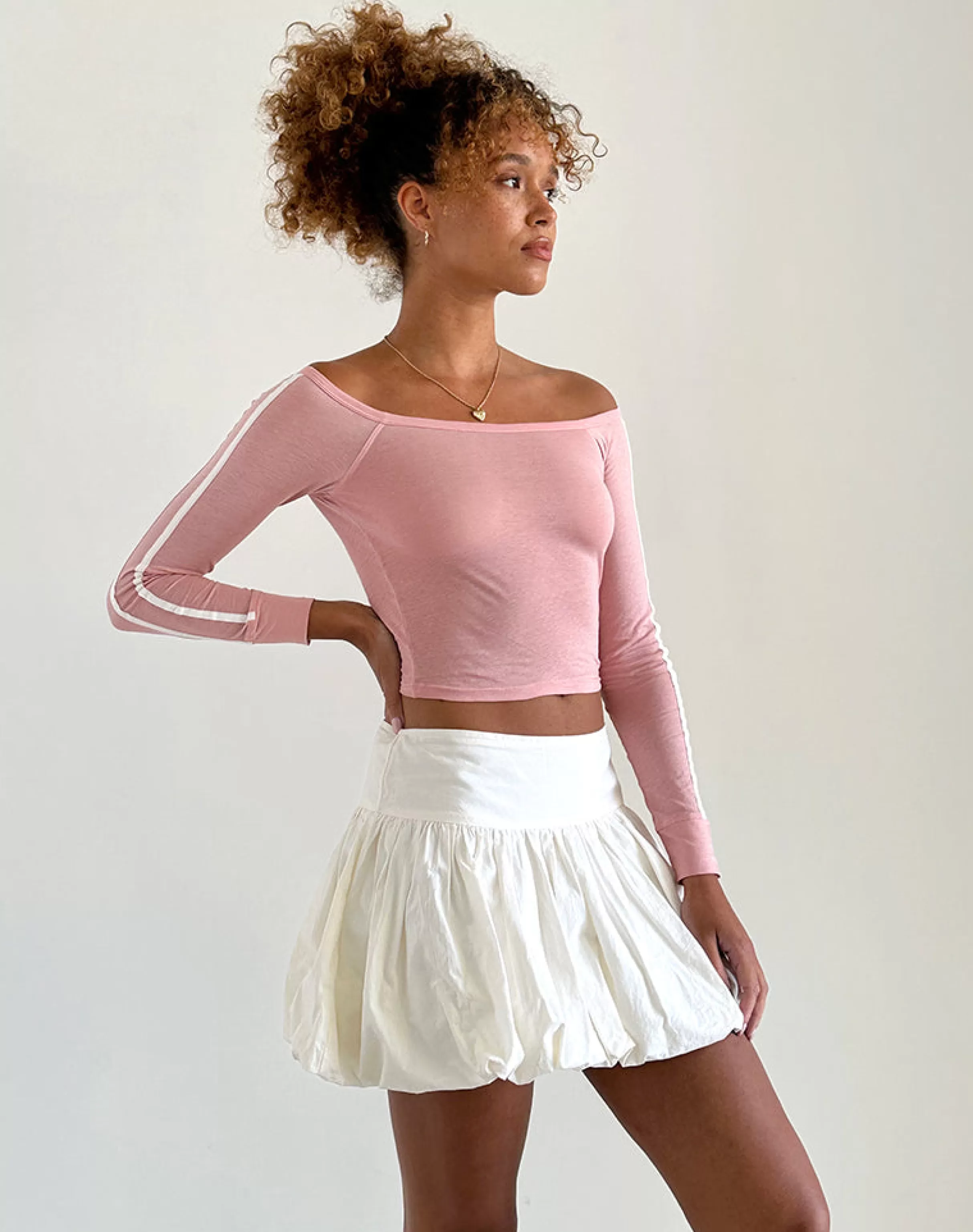 Fashion Gavya Bardot Long Sleeve Top In Pink Lady With White Stripe BASIC TOPS | LONG SLEEVE TOPS