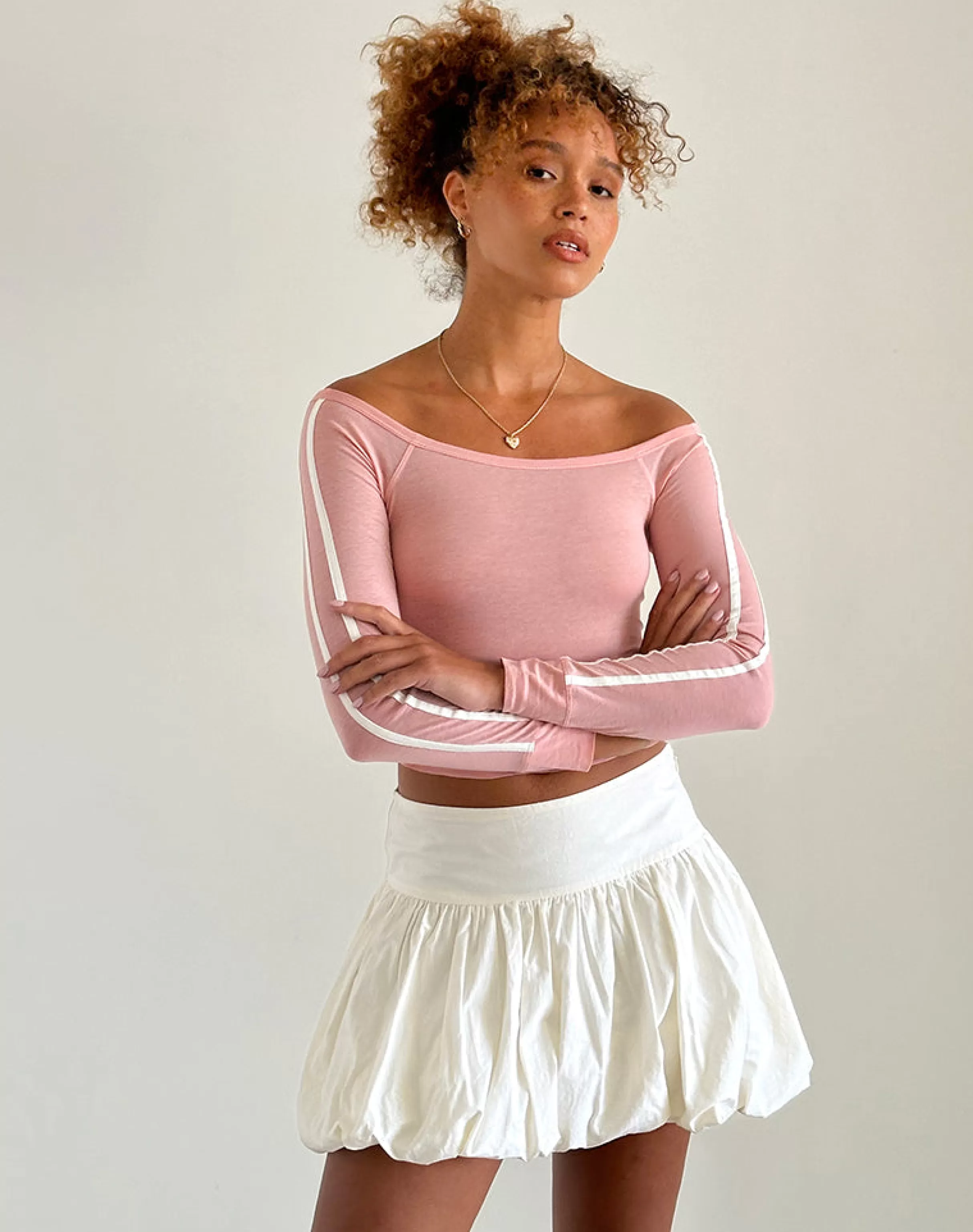 Fashion Gavya Bardot Long Sleeve Top In Pink Lady With White Stripe BASIC TOPS | LONG SLEEVE TOPS