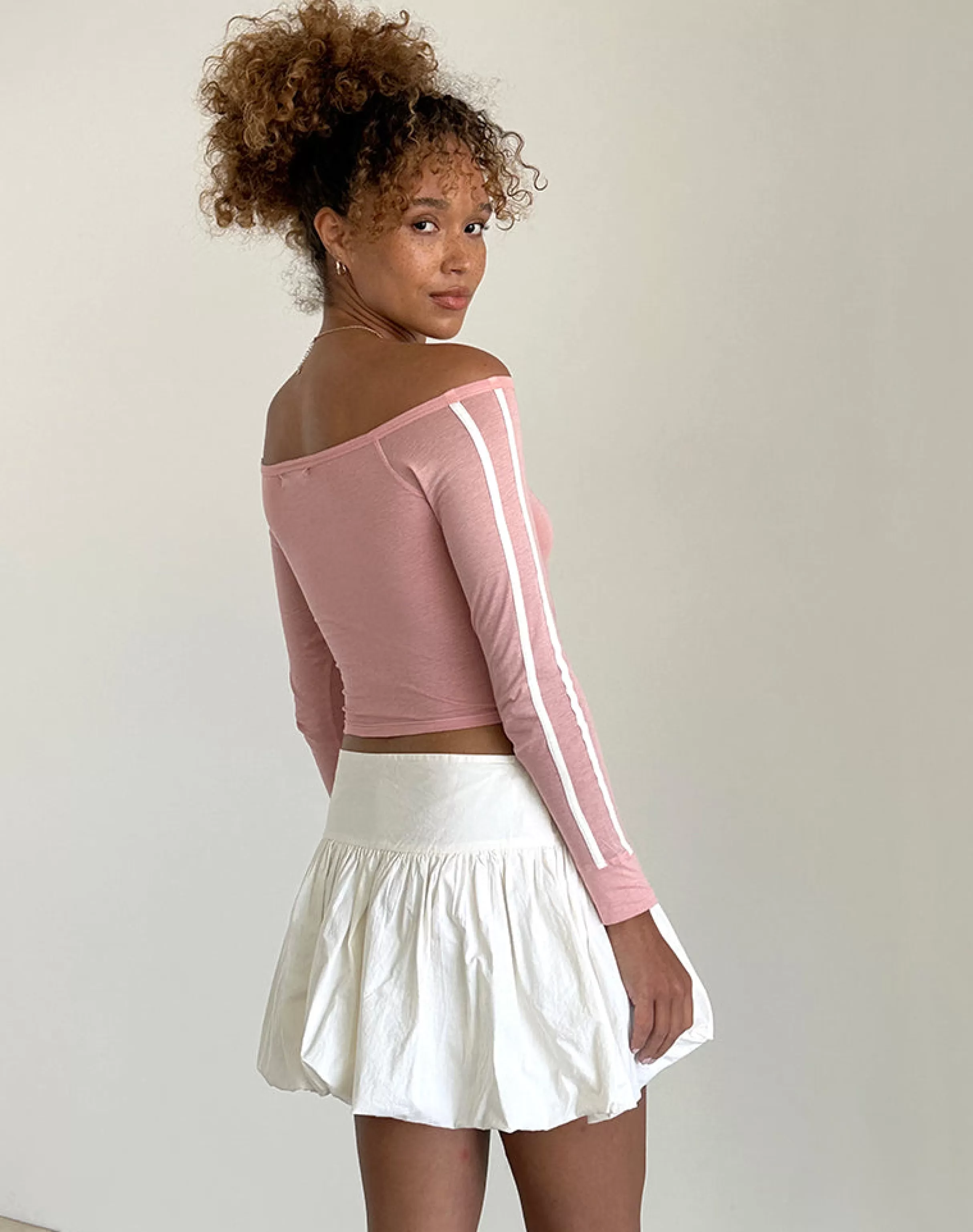 Fashion Gavya Bardot Long Sleeve Top In Pink Lady With White Stripe BASIC TOPS | LONG SLEEVE TOPS