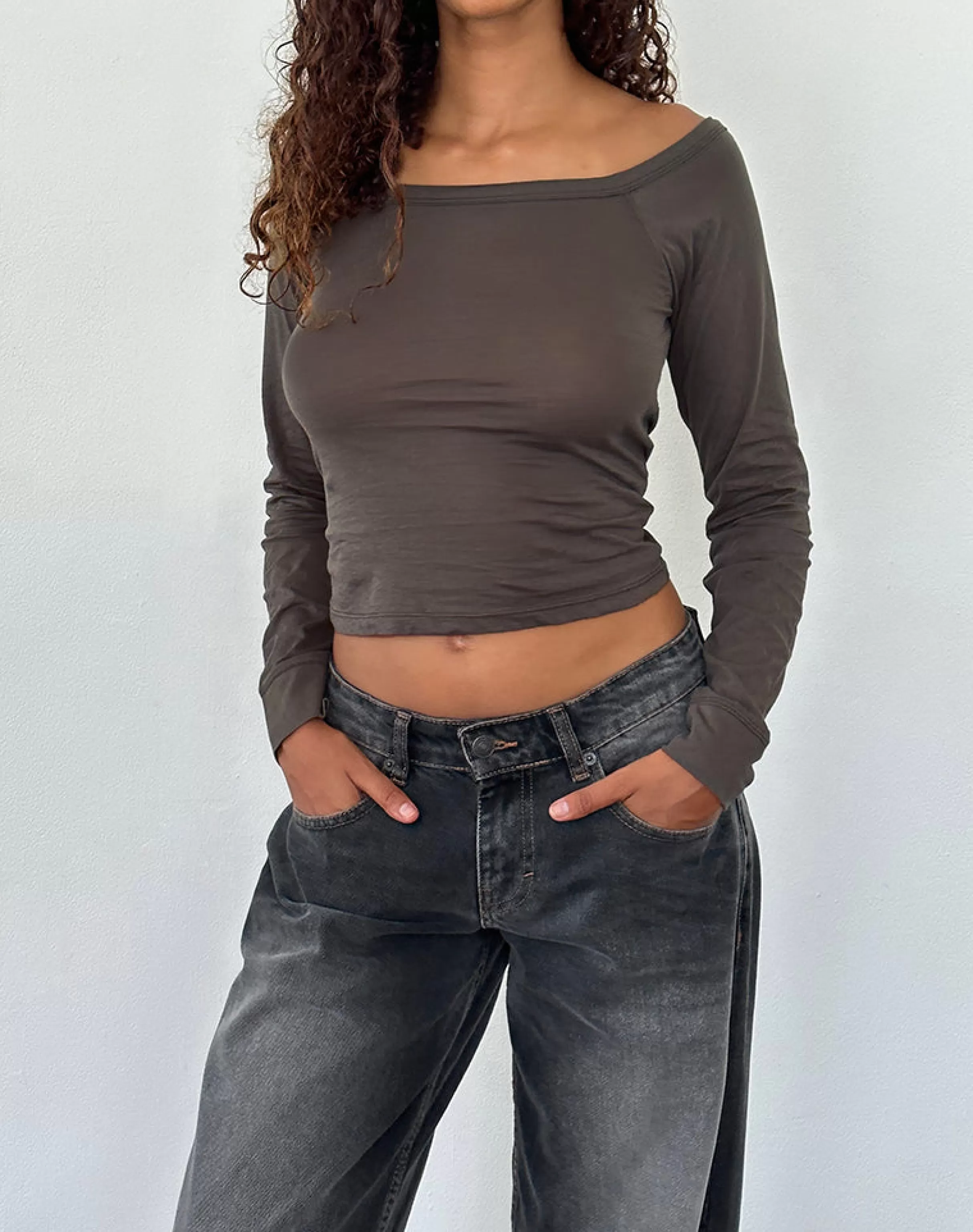 Shop Gavya Long Sleeve Bardot Top In BASICS | LONG SLEEVE TOPS