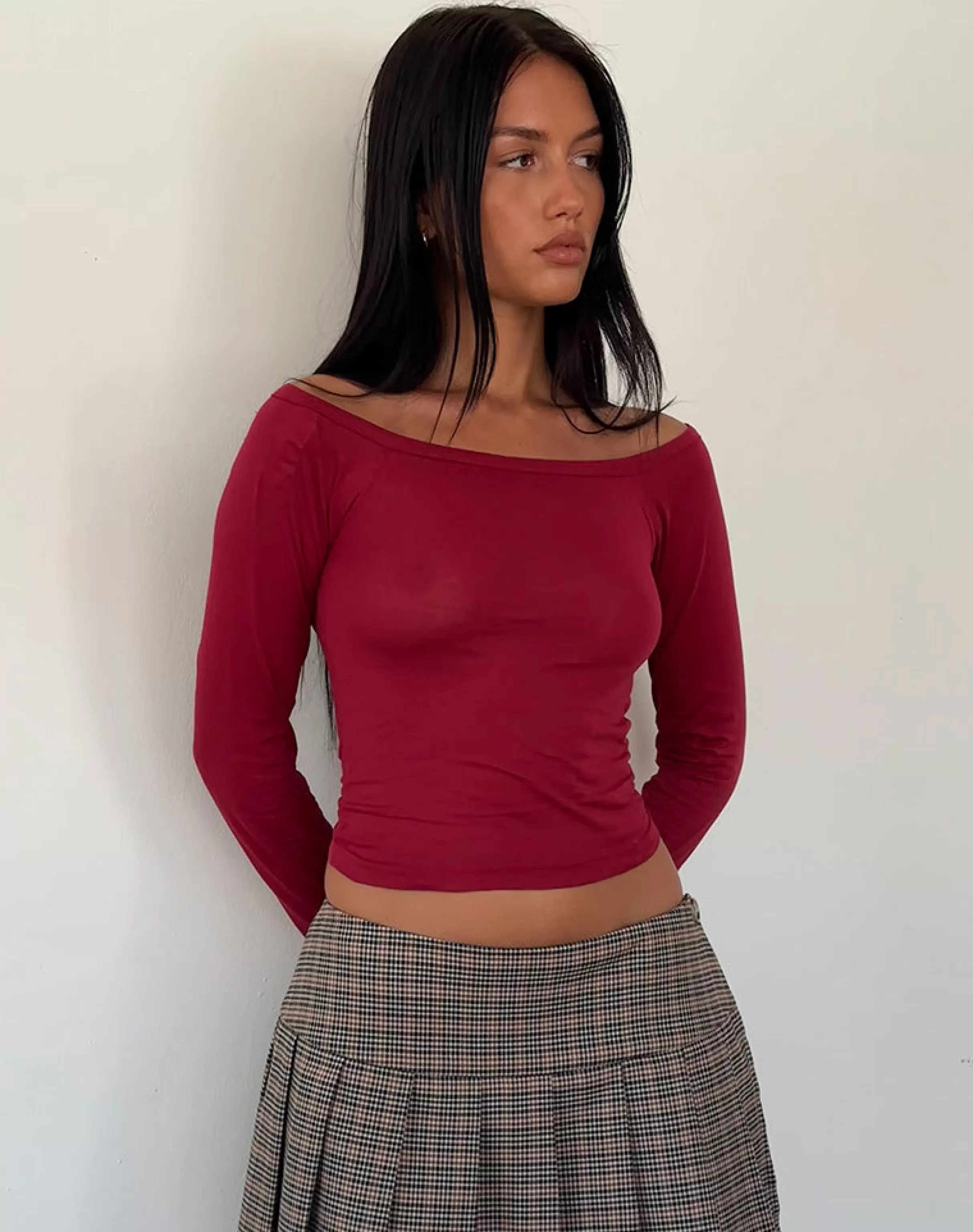 Flash Sale Gavya Long Sleeve Tissue Jersey Bardot Crop Top In BASICS | BASIC TOPS