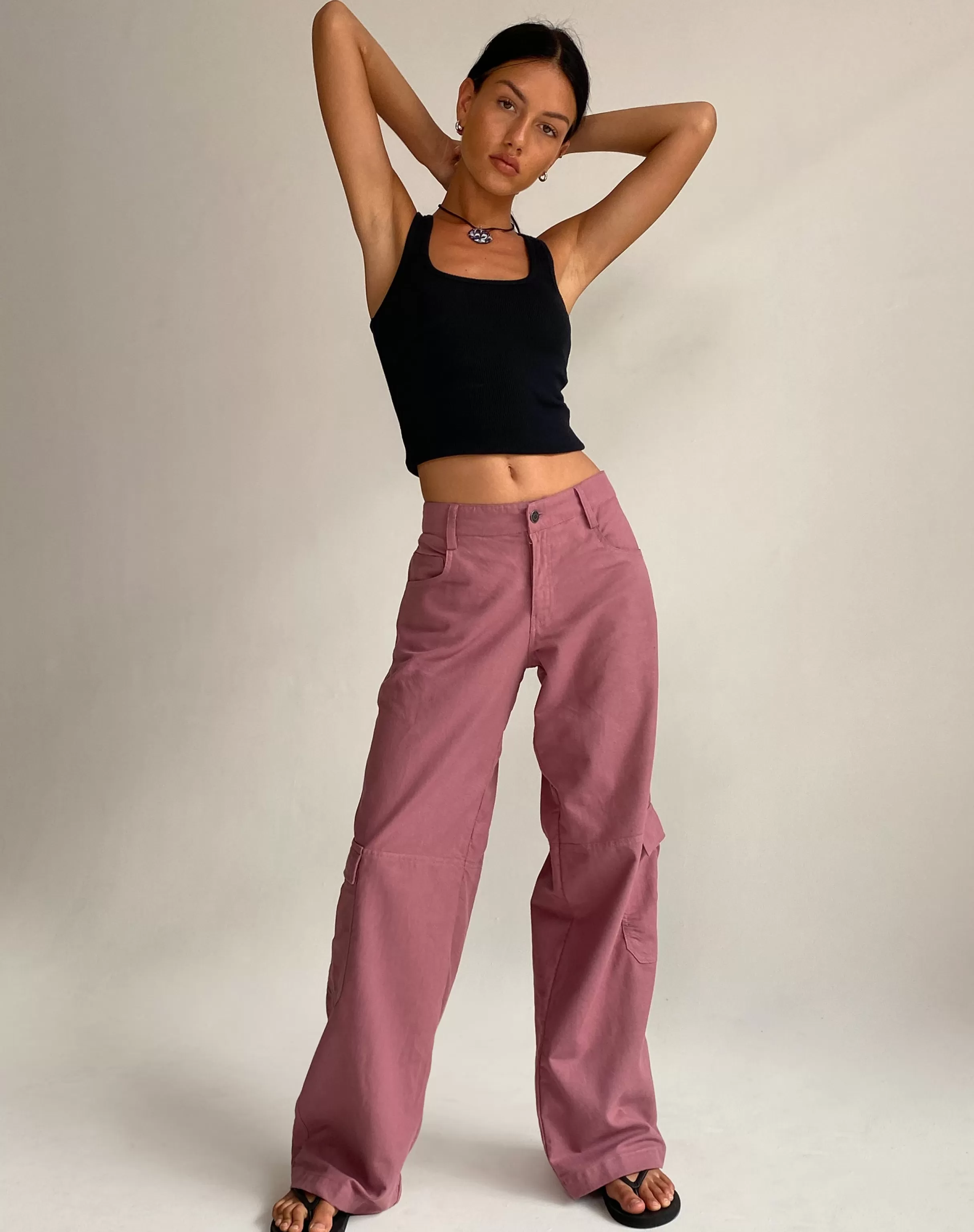 Clearance Gemma Low Rise Cargo Trouser In Mauve Linen SALE TROUSERS | WIDE LEG TROUSERS