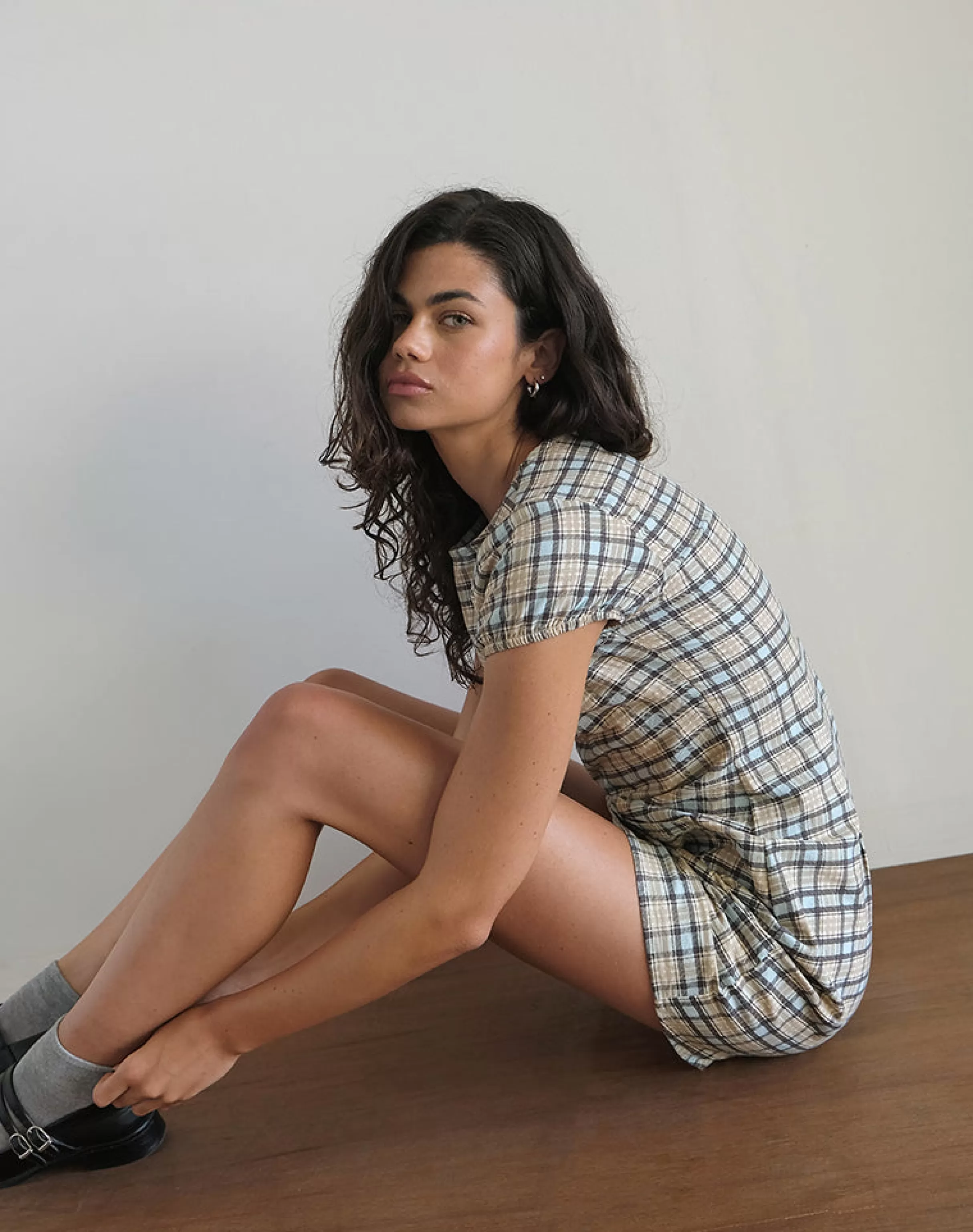 Shop Gingka Mini Dress In Pastel Blue Tartan SWEET AS PIE | DAY DRESSES