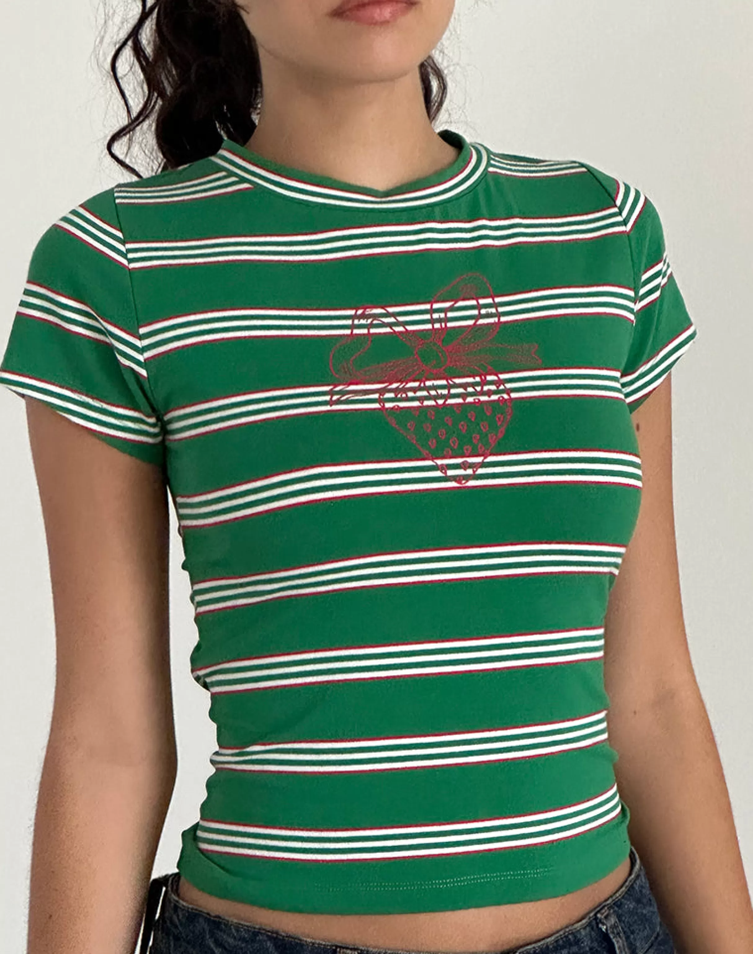 Best Sale Glenda Jersey Tee In Green And White Strip With Strawberry Motif SWEET AS PIE | TEES