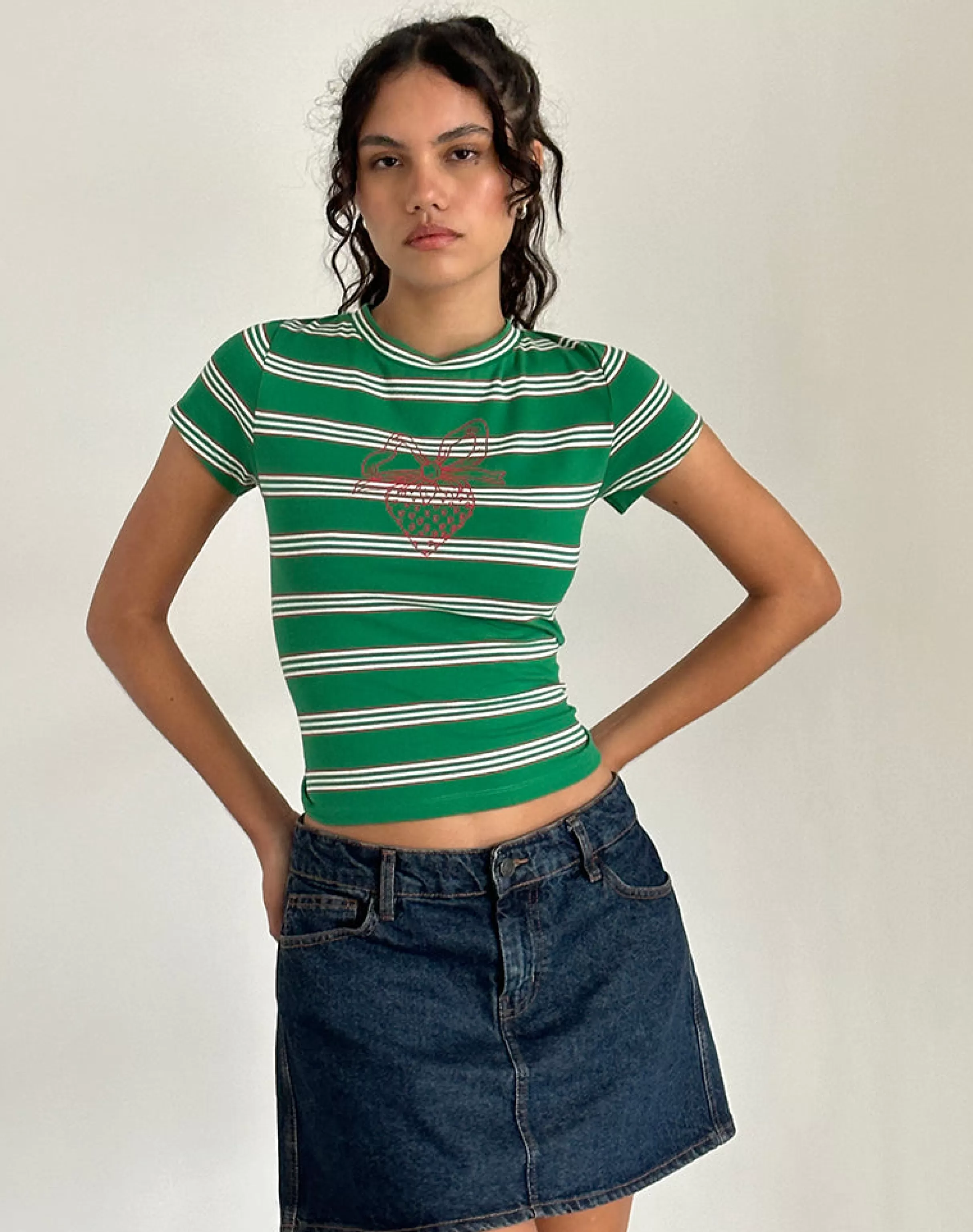 Best Sale Glenda Jersey Tee In Green And White Strip With Strawberry Motif SWEET AS PIE | TEES