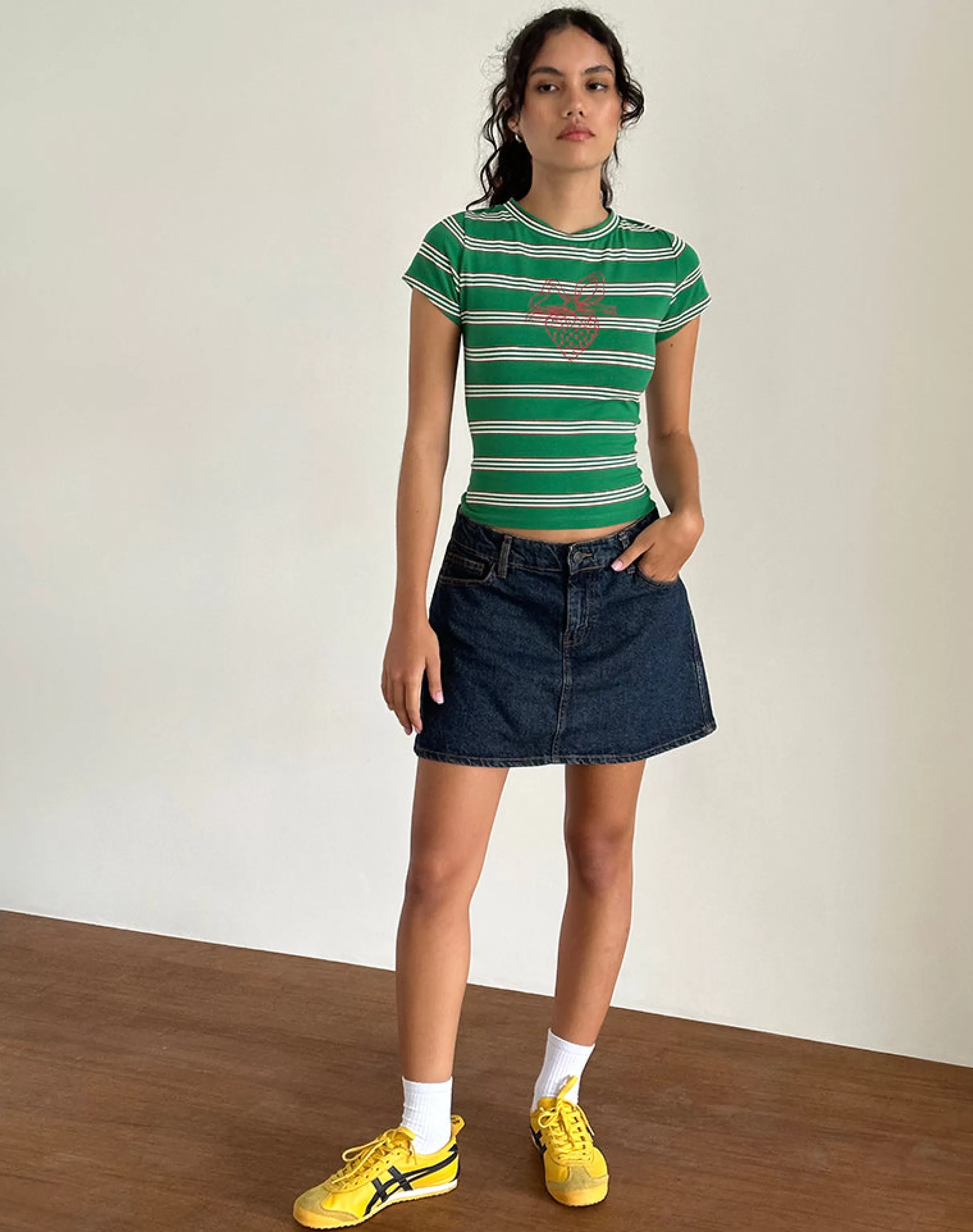 Best Sale Glenda Jersey Tee In Green And White Strip With Strawberry Motif SWEET AS PIE | TEES
