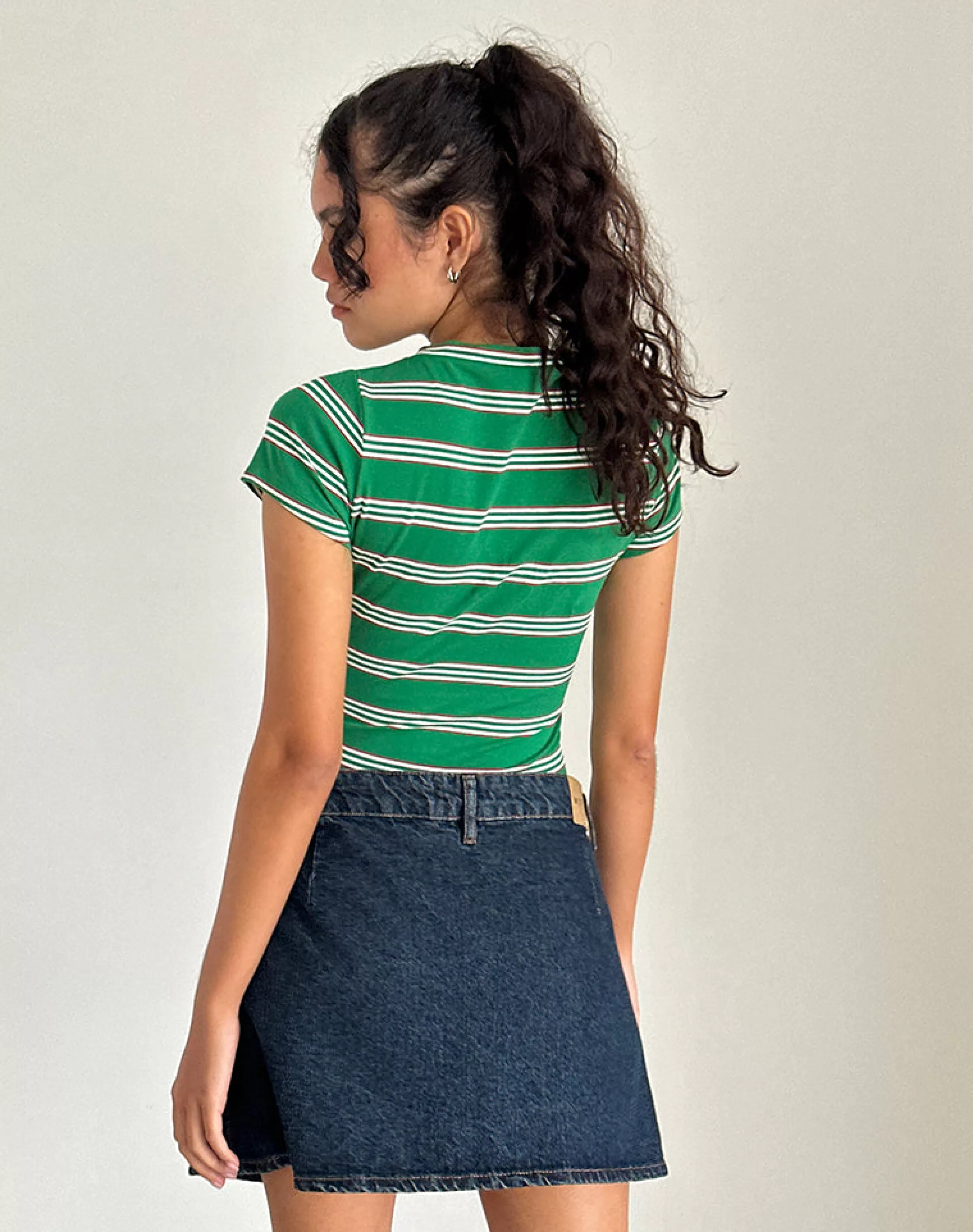 Best Sale Glenda Jersey Tee In Green And White Strip With Strawberry Motif SWEET AS PIE | TEES