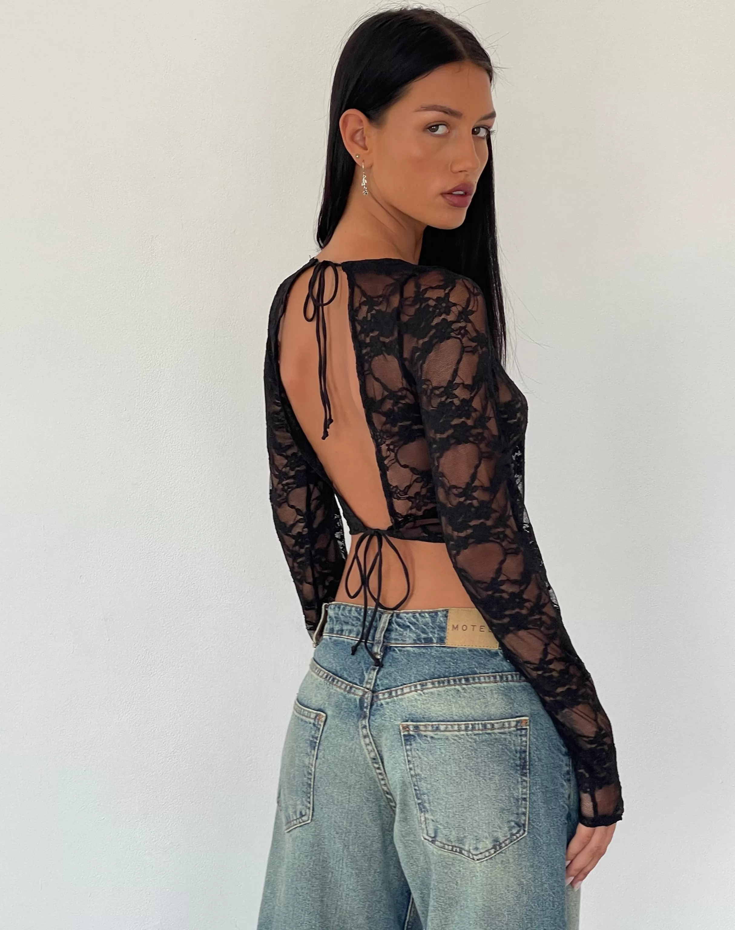 Store Grizelda Backless Long Sleeve Top In Black Abstract Lace LACE TOPS | LONG SLEEVE TOPS