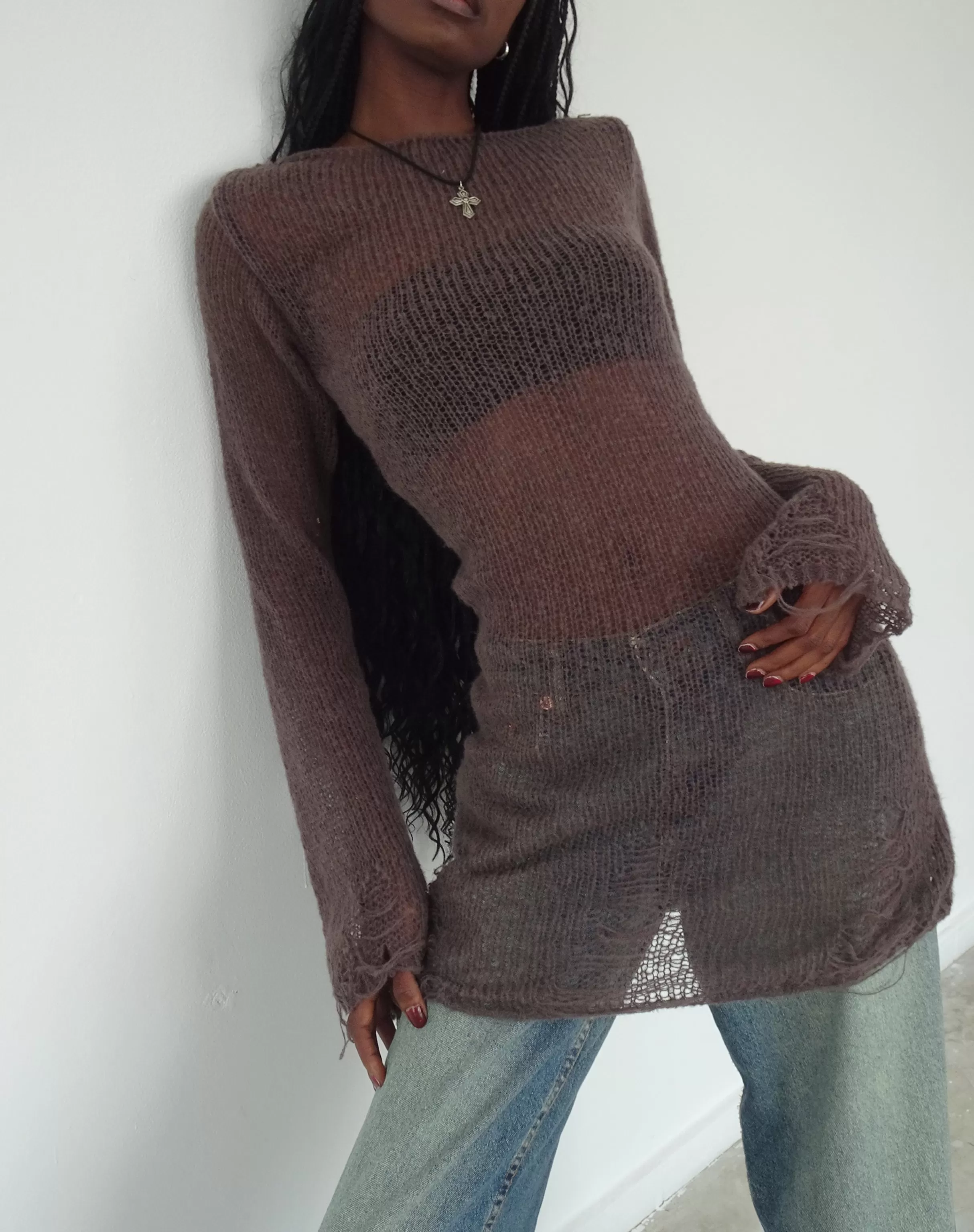 Store Harper Distressed Knitted Mini Dress In Maroon PARTY DRESSES | LONG SLEEVE DRESSES