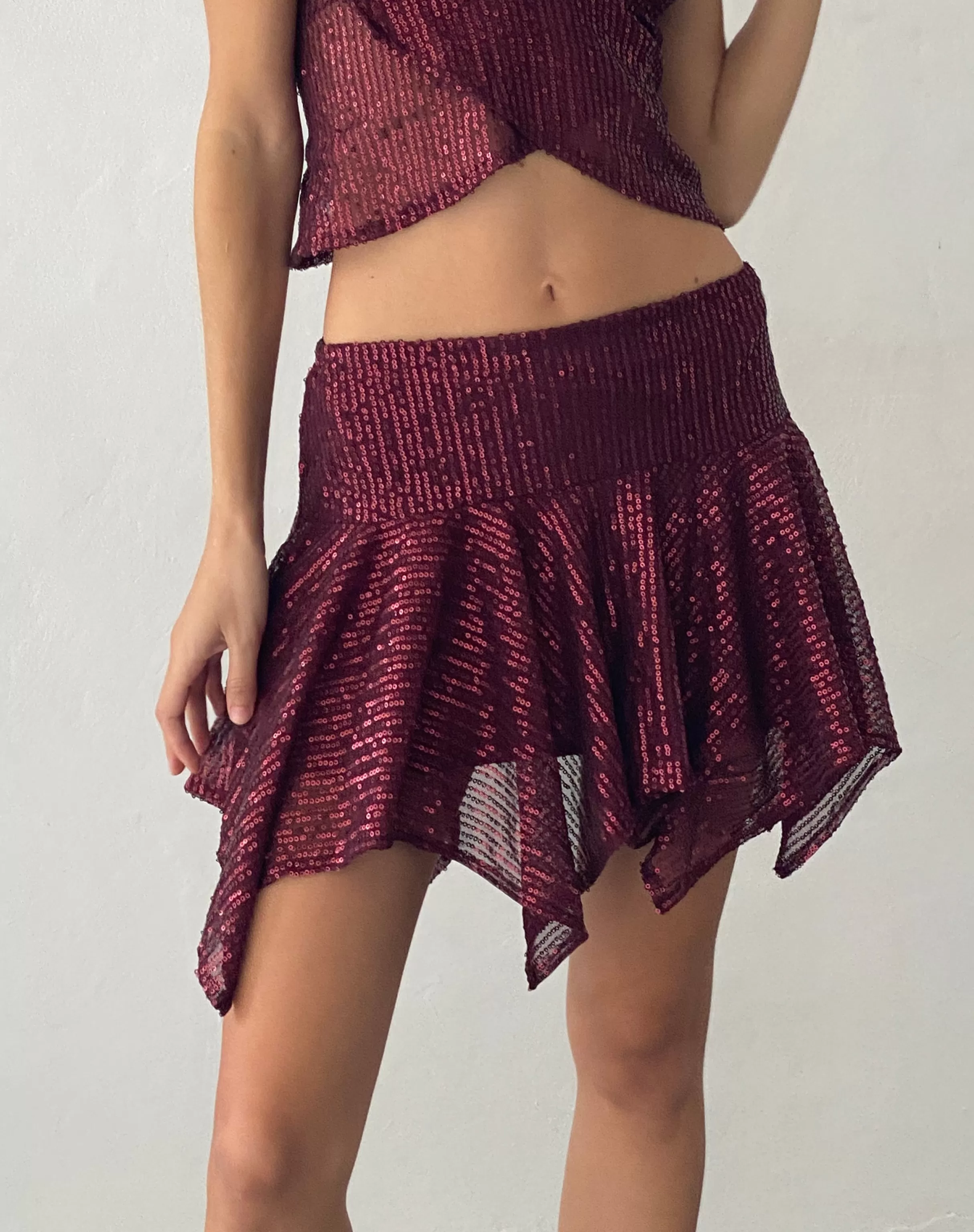 Cheap Helga Waterfall Mini Skirt In Sequin Burgundy SALE SKIRTS | MINI SKIRTS