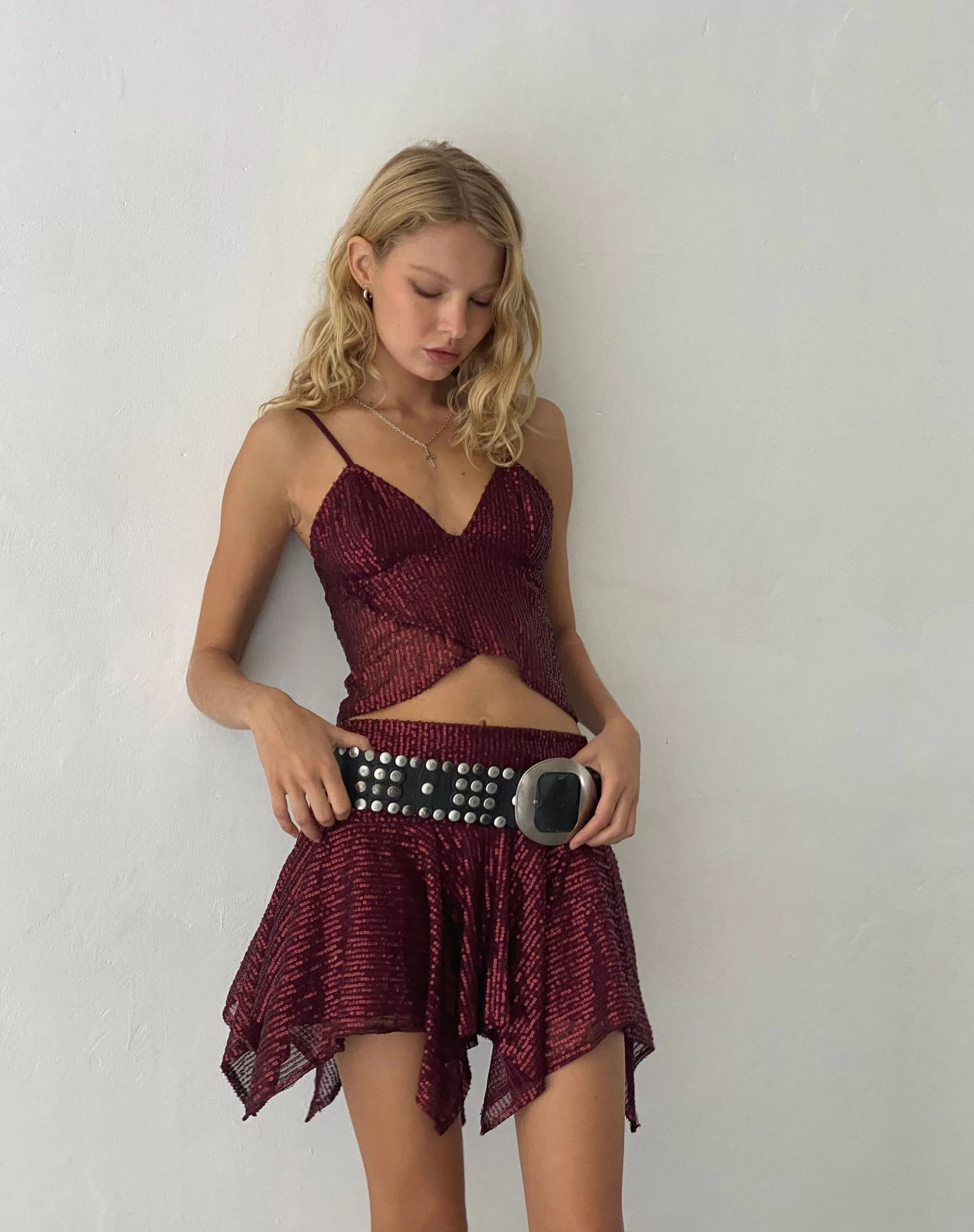 Cheap Helga Waterfall Mini Skirt In Sequin Burgundy SALE SKIRTS | MINI SKIRTS
