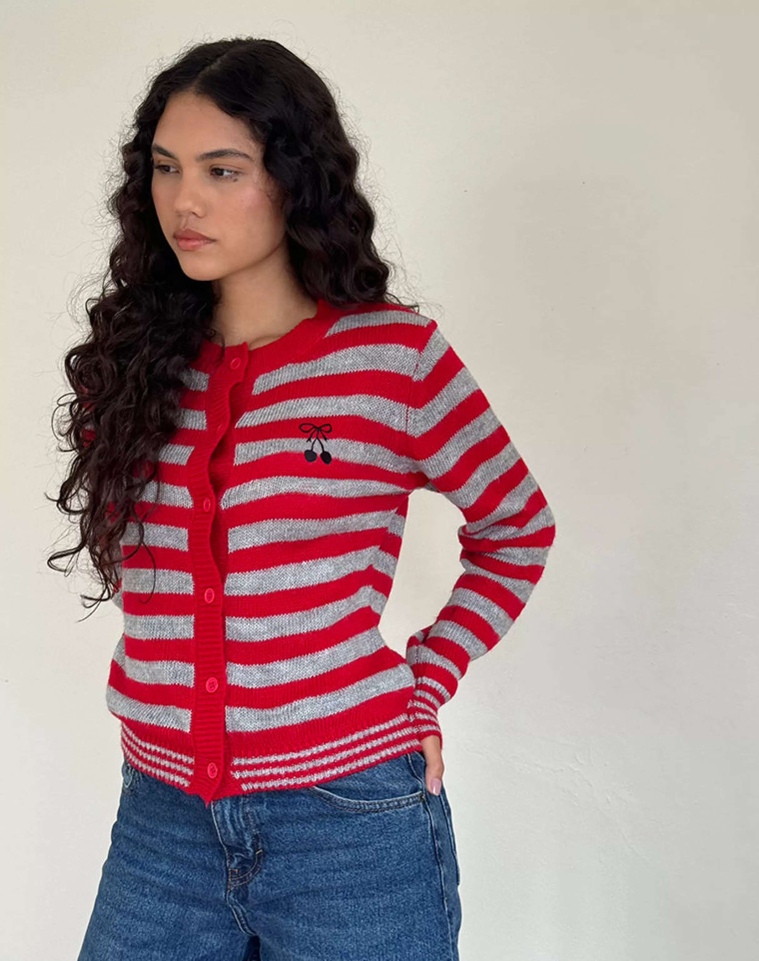Fashion Henidar Cardigan In Red And Grey Stripe With Cherry Emb SWEET AS PIE | CARDIGANS