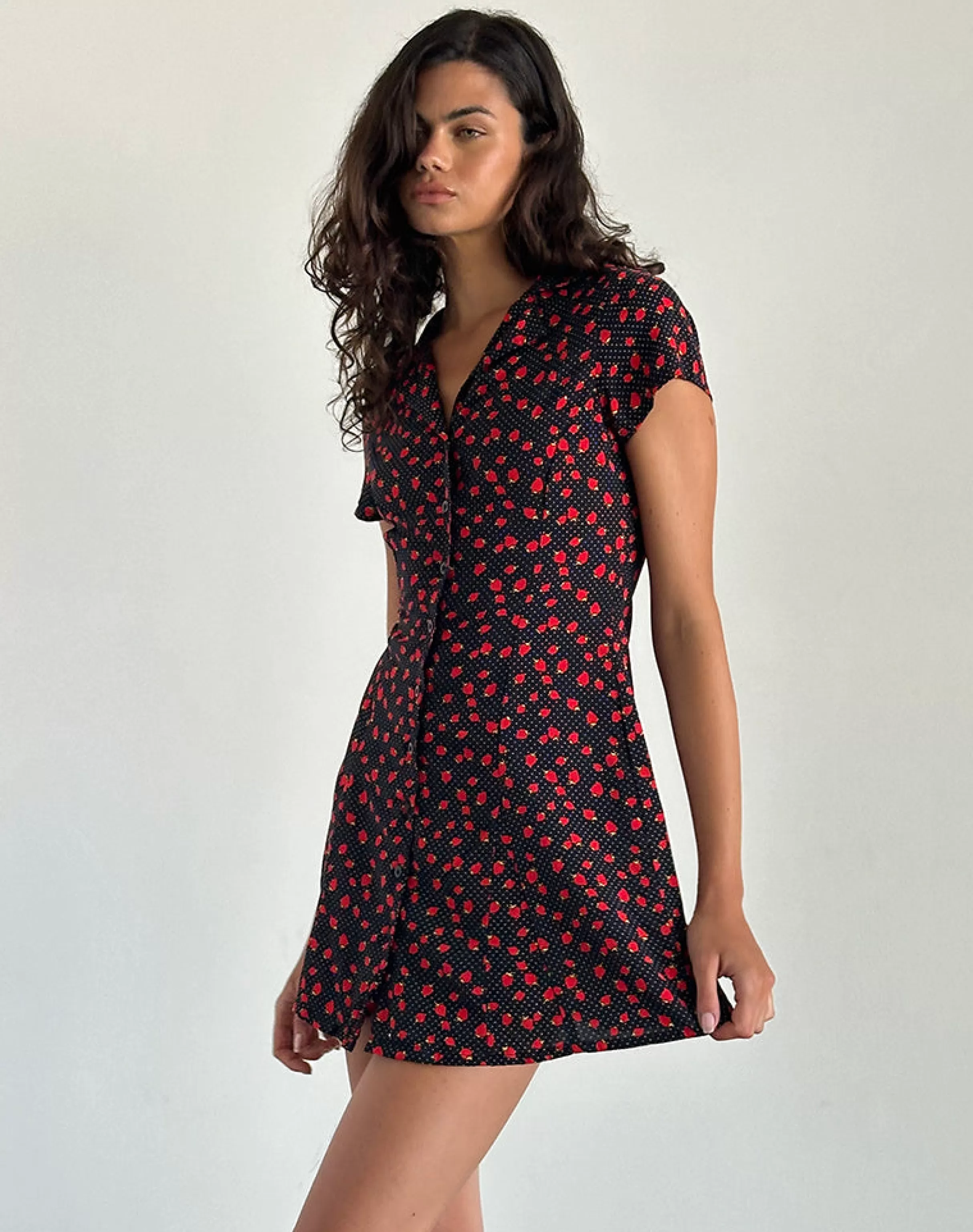 Store Holmana Mini Dress In Strawberry Polka Black SWEET AS PIE | DAY DRESSES