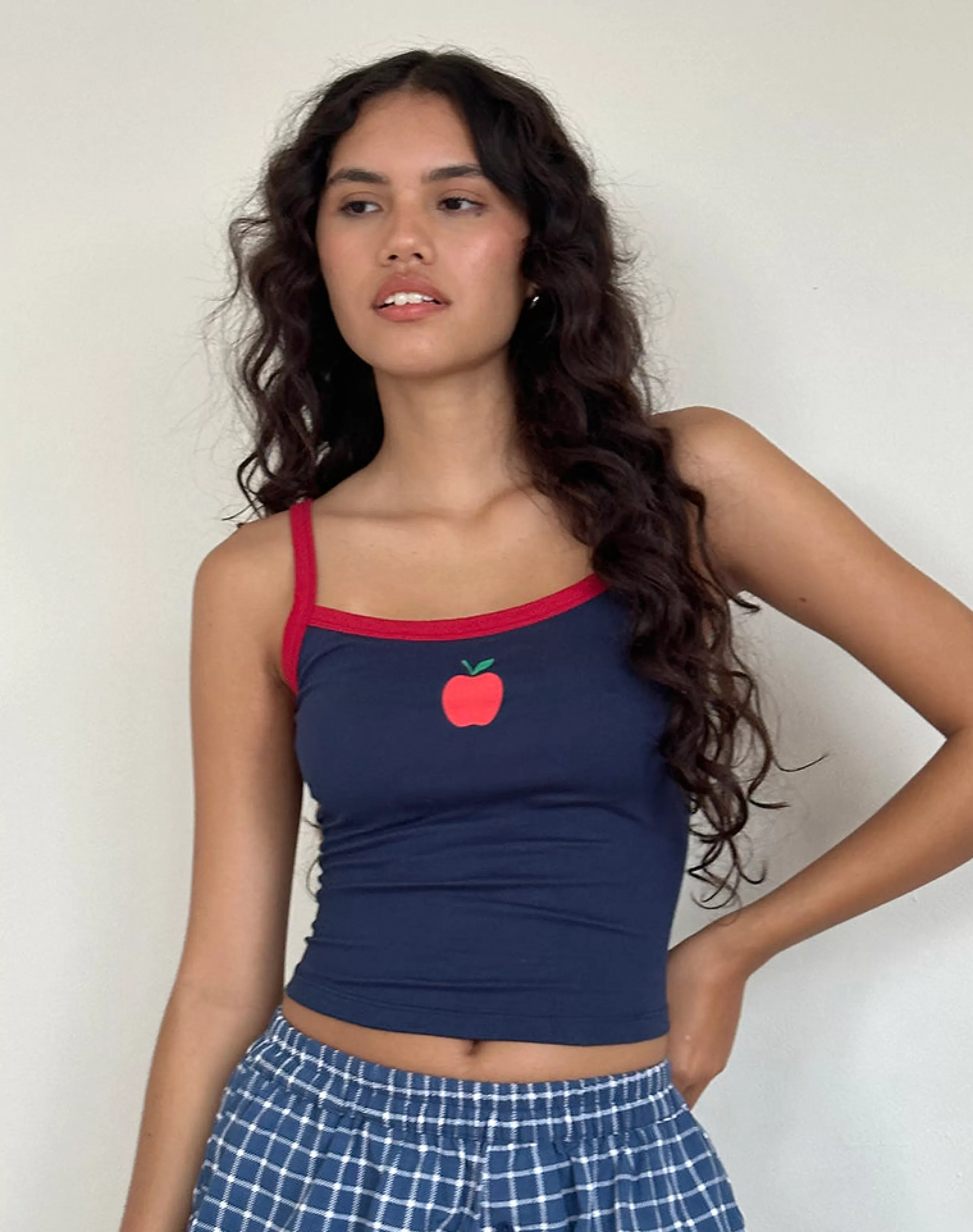 Best Sale Icah Vest Top In Navy With Red Binding And Apple Motif SWEET AS PIE | BASIC TOPS