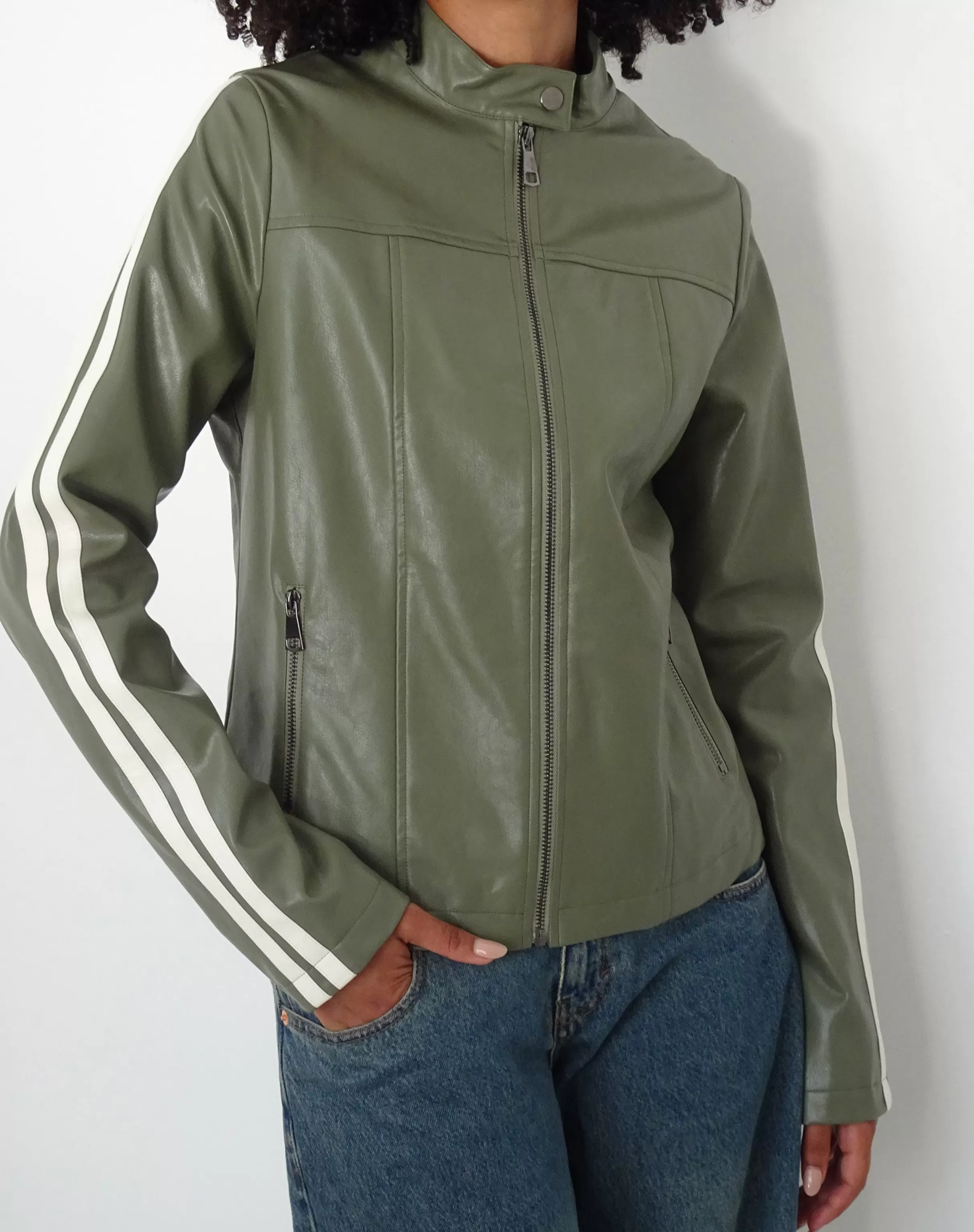 Sale Jacquie Zip Up Biker Jacket In With Ivory Stripe PU JACKETS | JACKETS