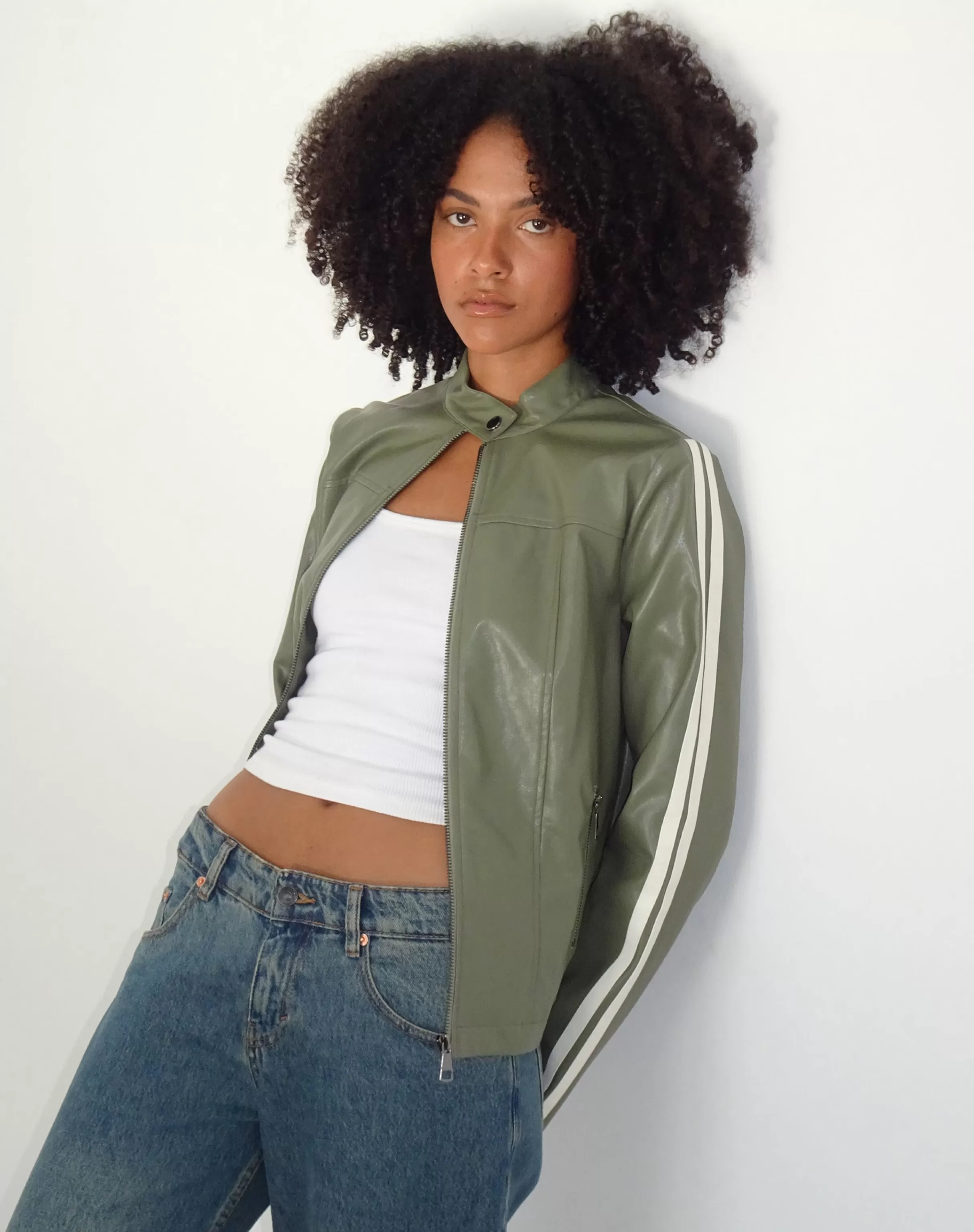 Sale Jacquie Zip Up Biker Jacket In With Ivory Stripe PU JACKETS | JACKETS