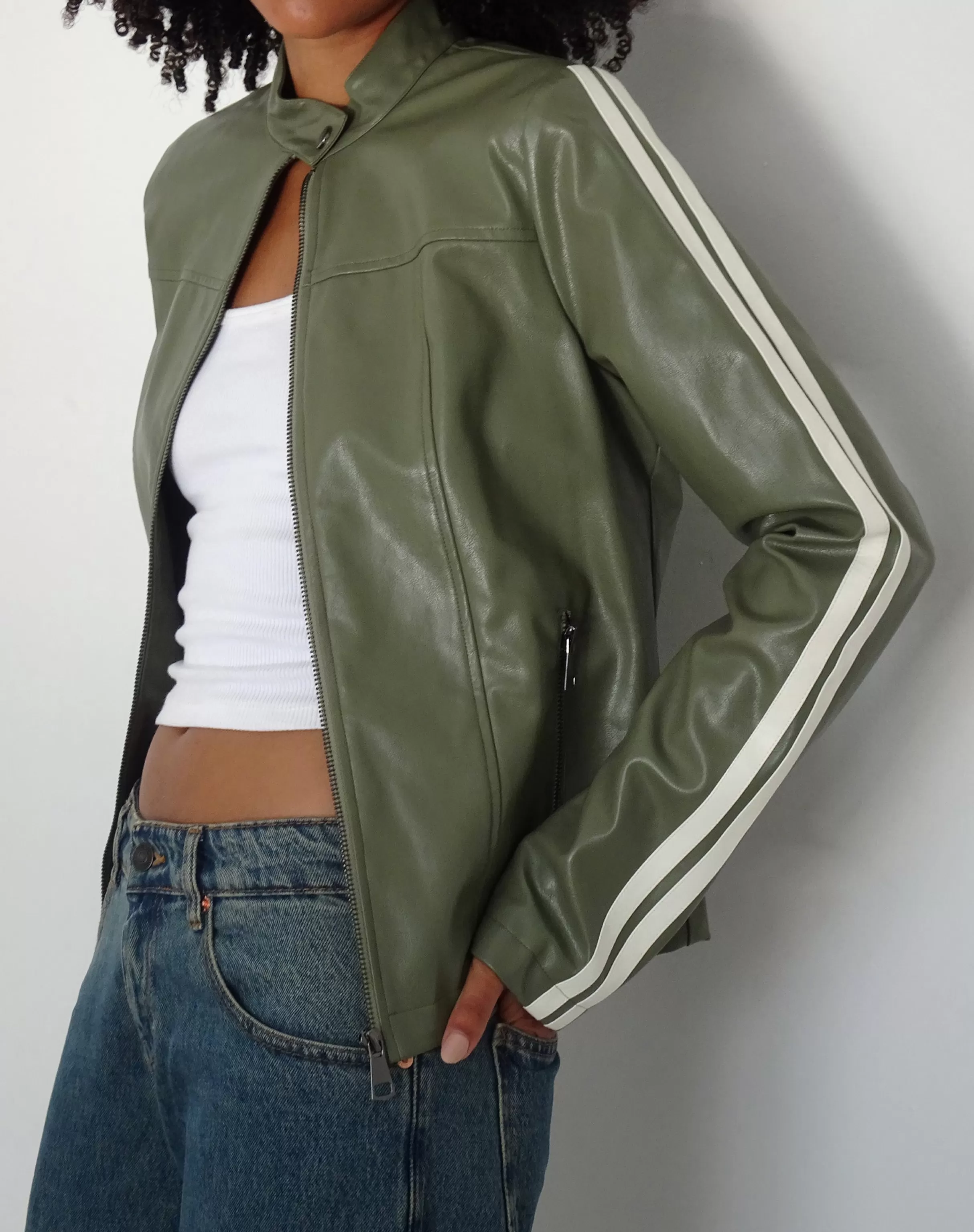 Sale Jacquie Zip Up Biker Jacket In With Ivory Stripe PU JACKETS | JACKETS