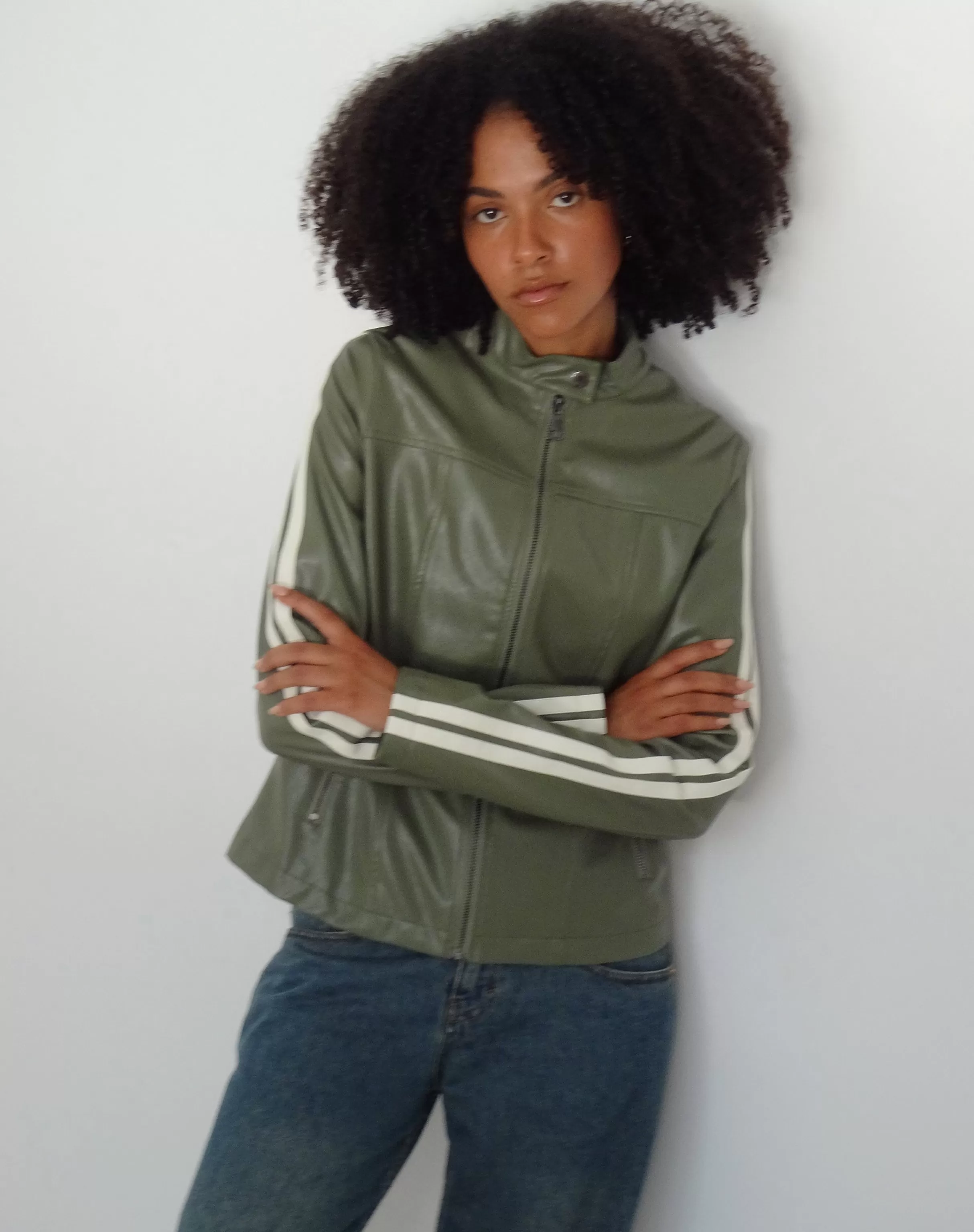 Sale Jacquie Zip Up Biker Jacket In With Ivory Stripe PU JACKETS | JACKETS