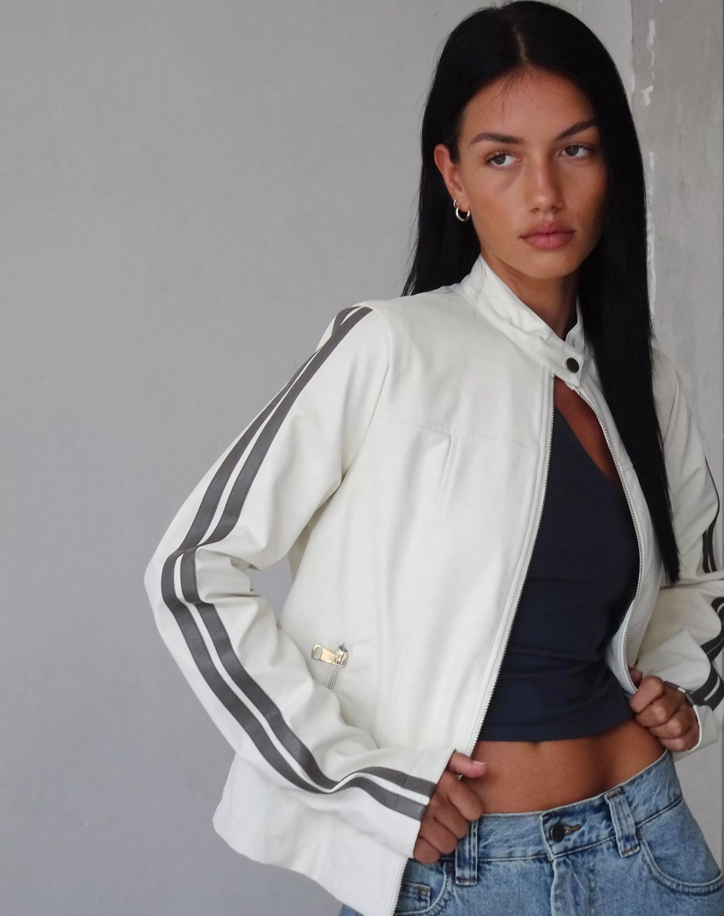 Hot Jacquie Zip Up Jacket In With Brown Stripe PU JACKETS | JACKETS