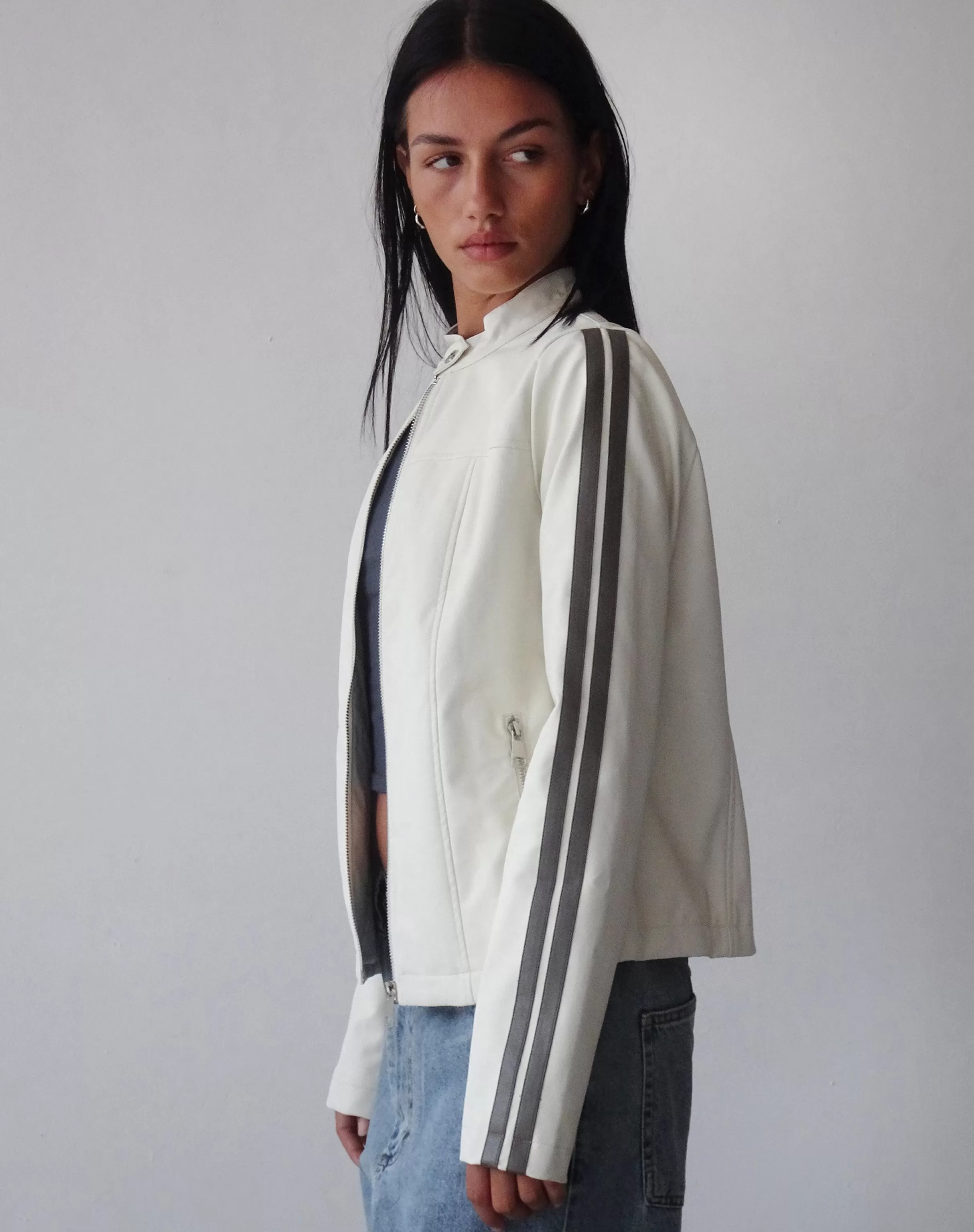Hot Jacquie Zip Up Jacket In With Brown Stripe PU JACKETS | JACKETS