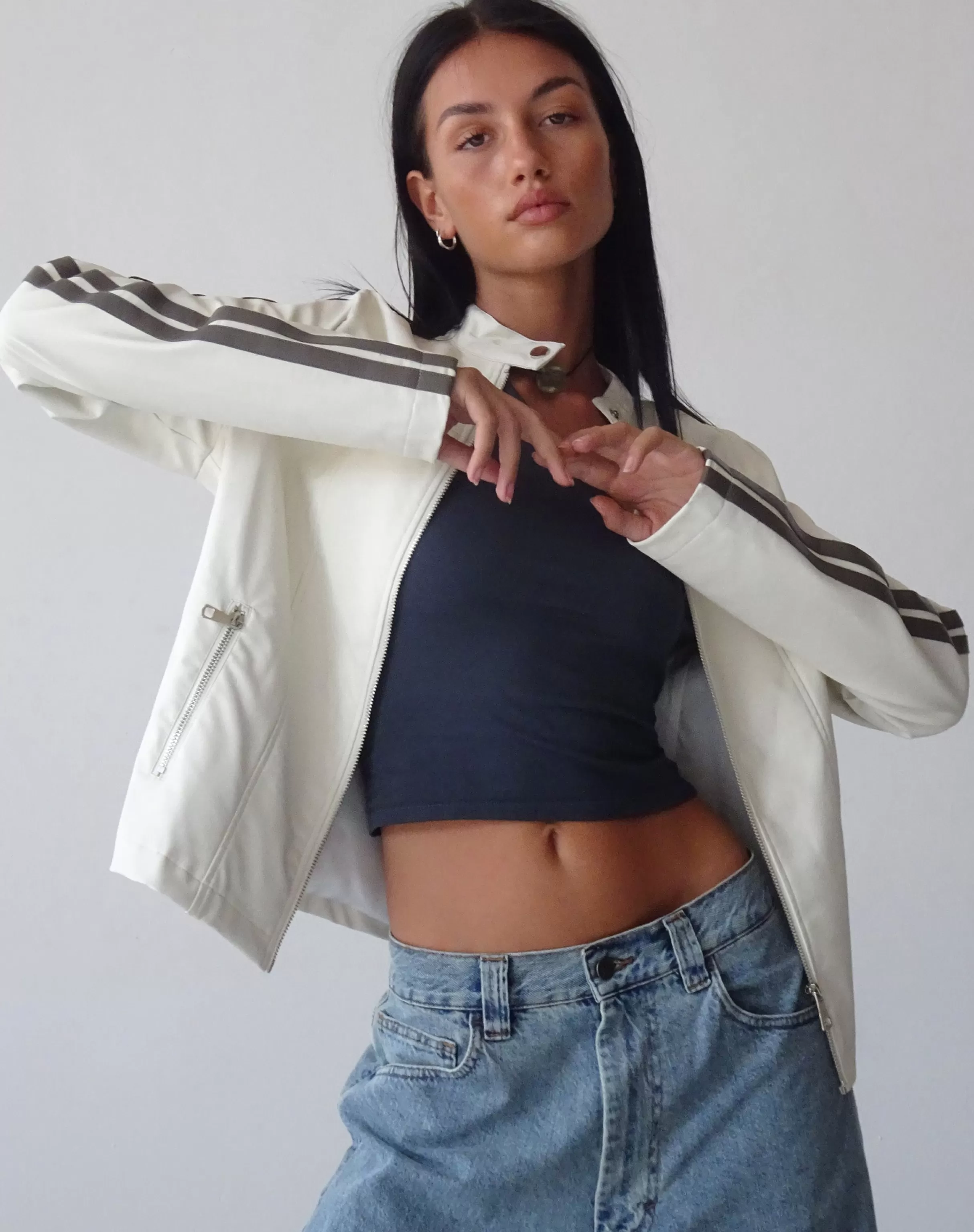 Hot Jacquie Zip Up Jacket In With Brown Stripe PU JACKETS | JACKETS