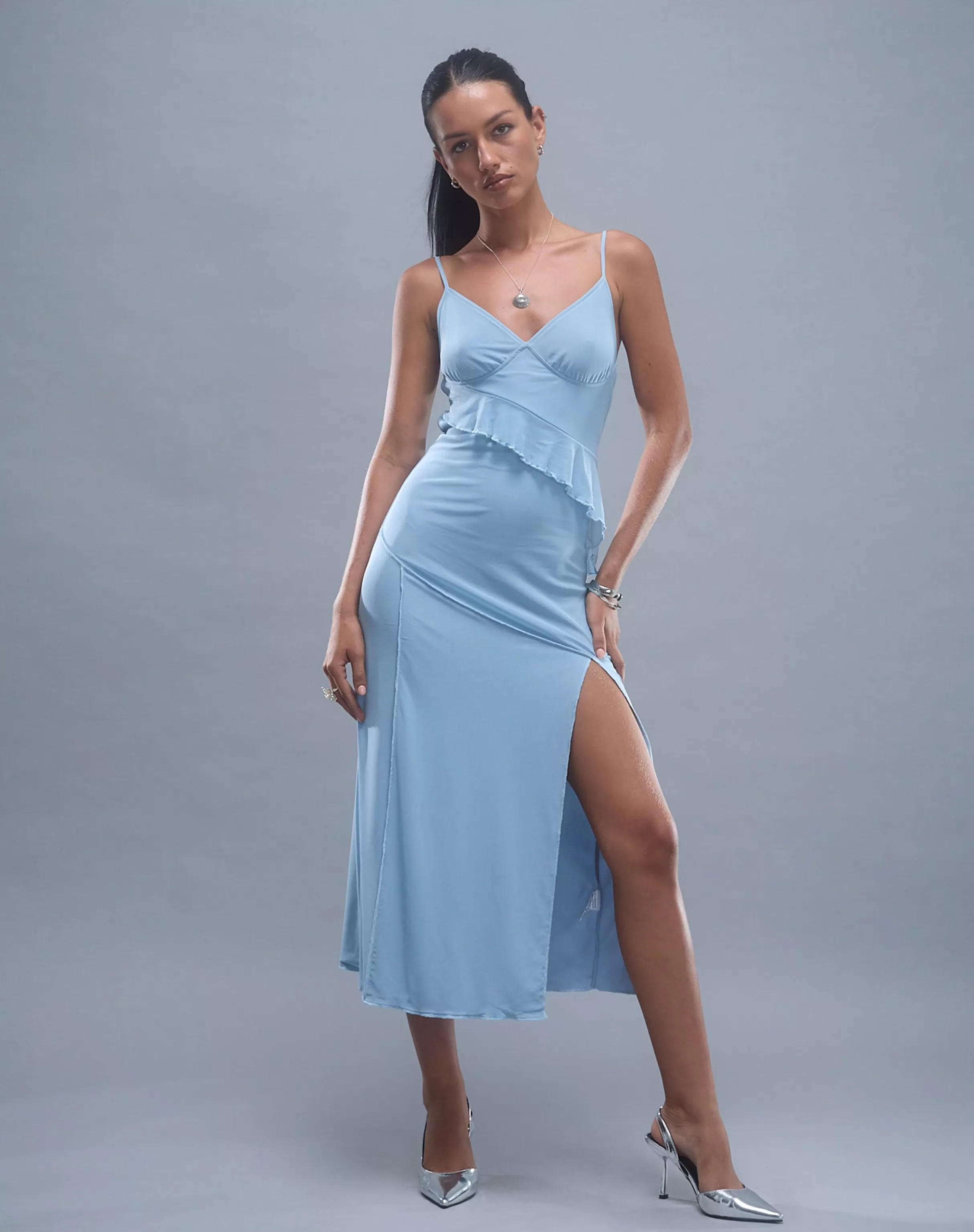 Shop Jacy Ruffle Midi Dress In PARTY DRESSES | SLIP DRESSES