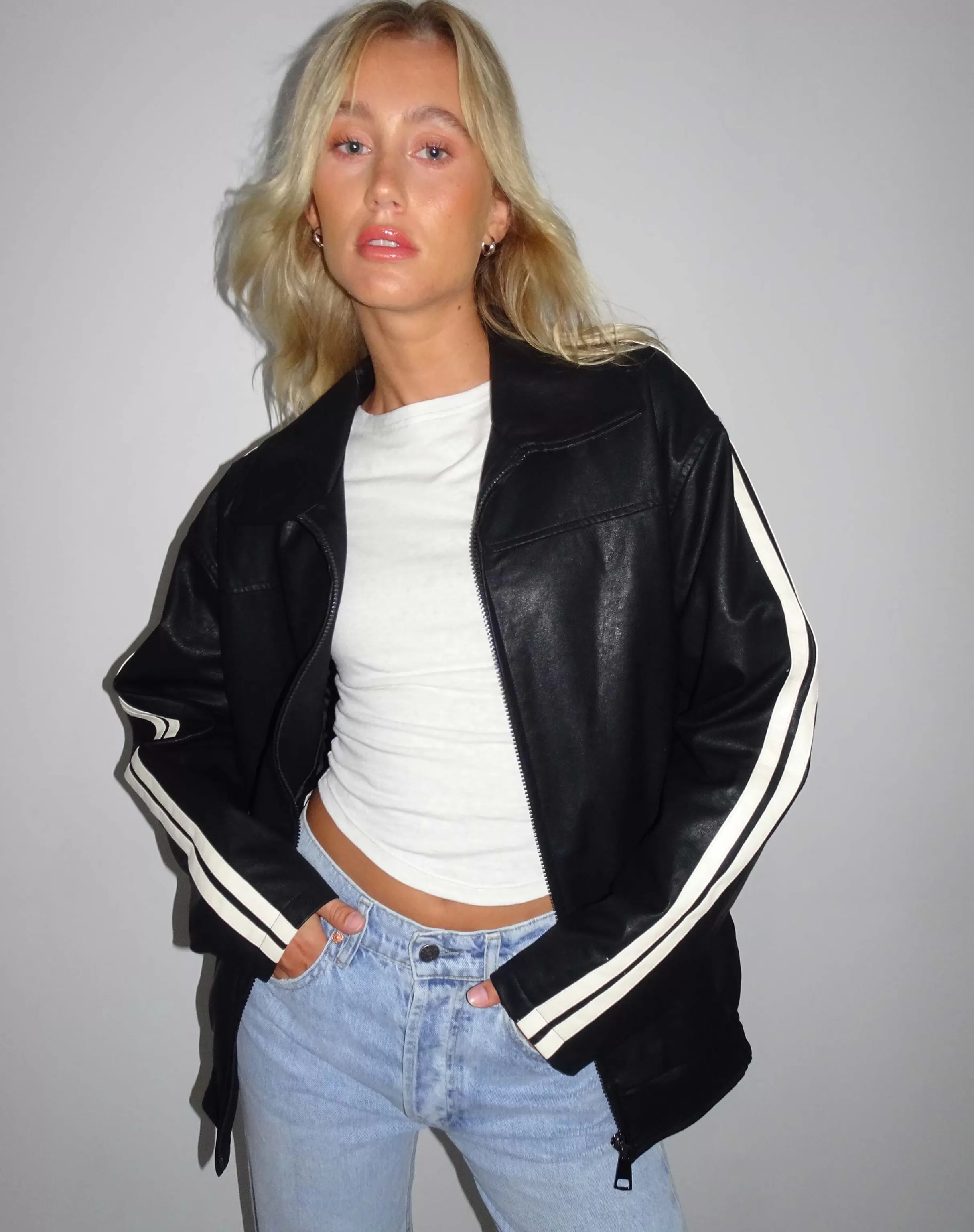 Shop Javana Zip Up Jacket In PU Black With Beige Stripe PU JACKETS | JACKETS