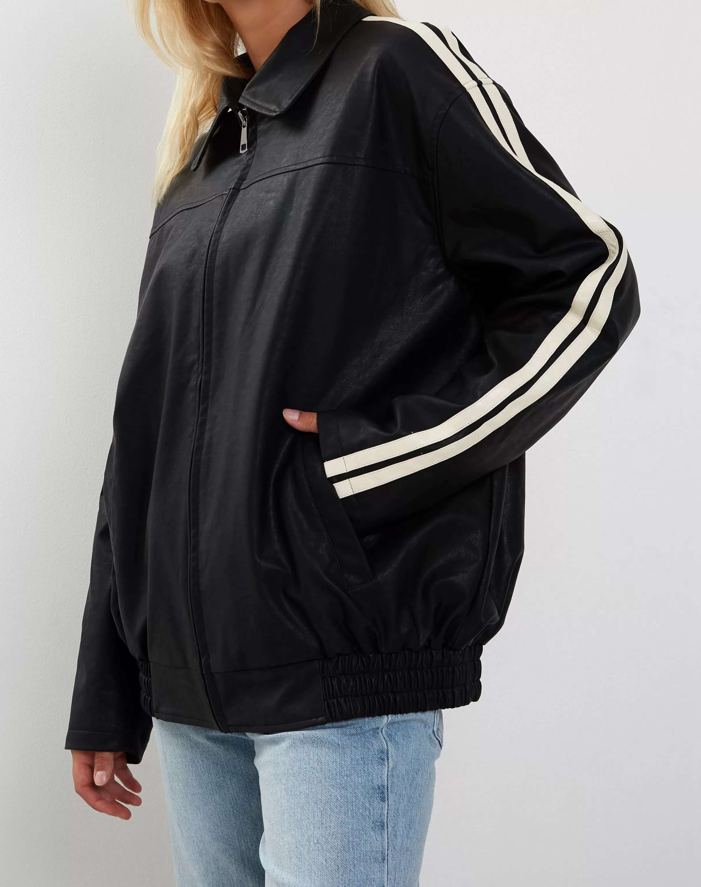 Shop Javana Zip Up Jacket In PU Black With Beige Stripe PU JACKETS | JACKETS
