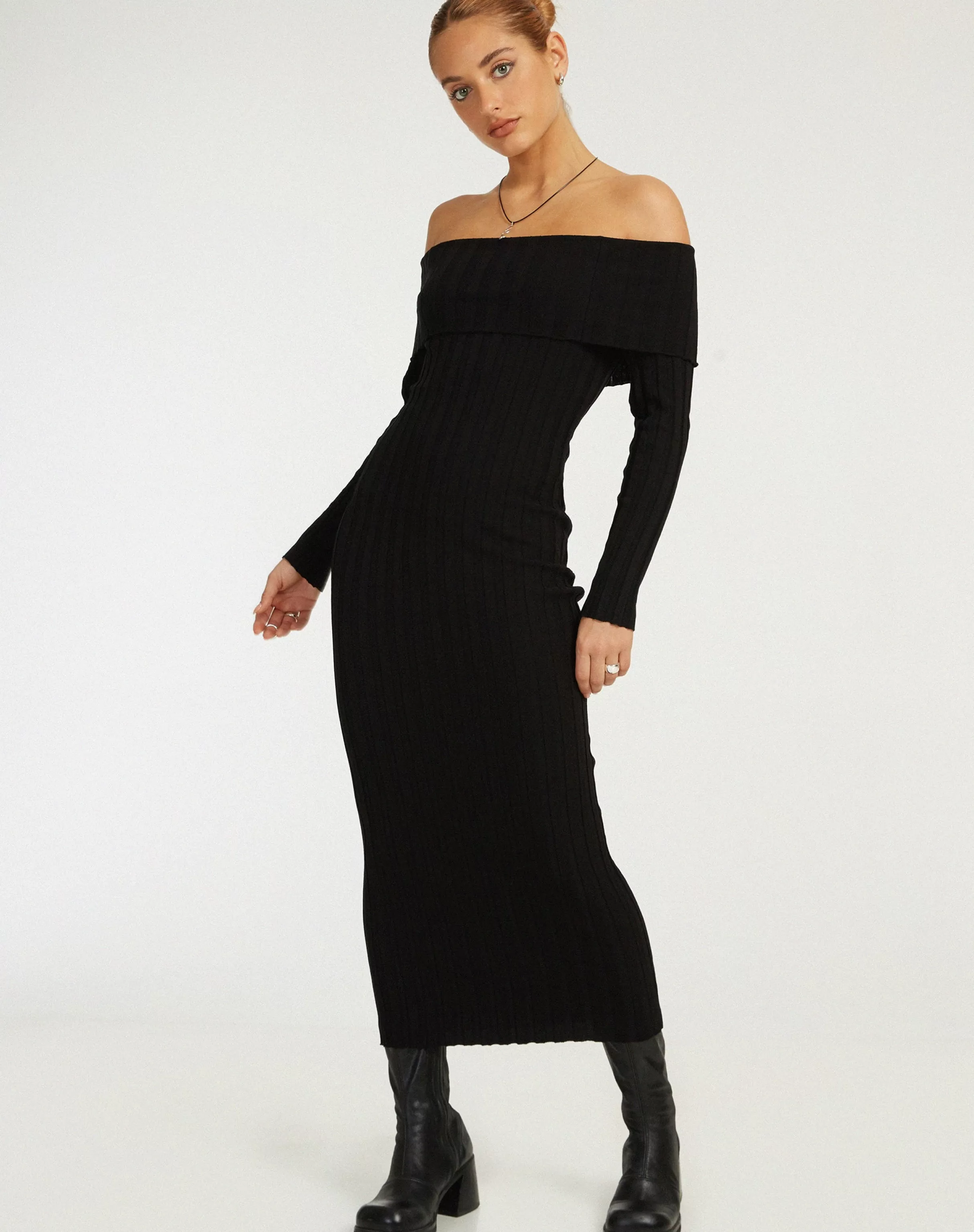 Store Jesuita Bardot Knitted Midi Dress In Black BODYCON DRESSES | LITTLE BLACK DRESSES