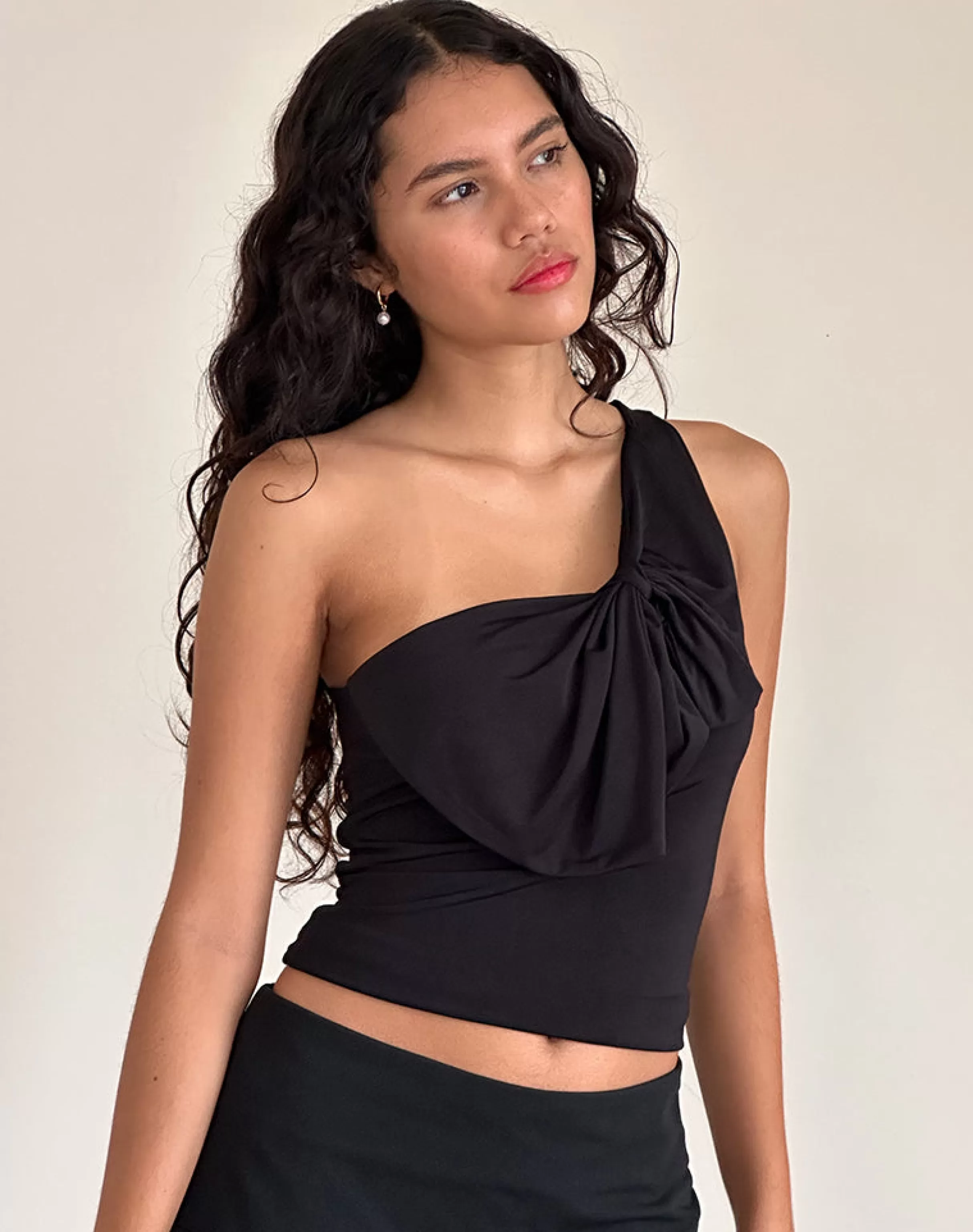 Store Jovie One Shoulder Slinky Bow Top In Black GOING OUT TOPS