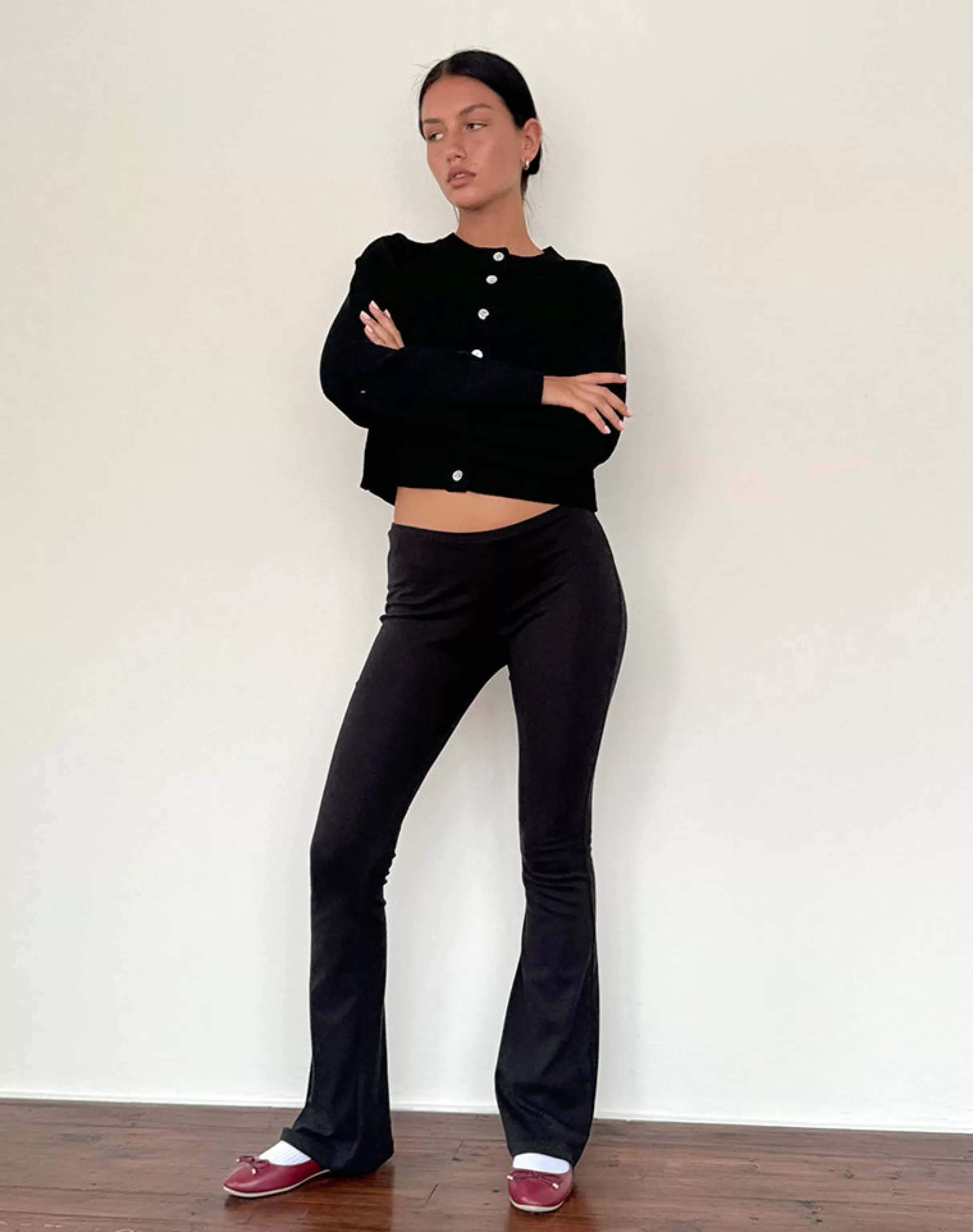 New Joxiel Soft Rib Flared Trouser In Black BASICS | LOW RISE TROUSERS